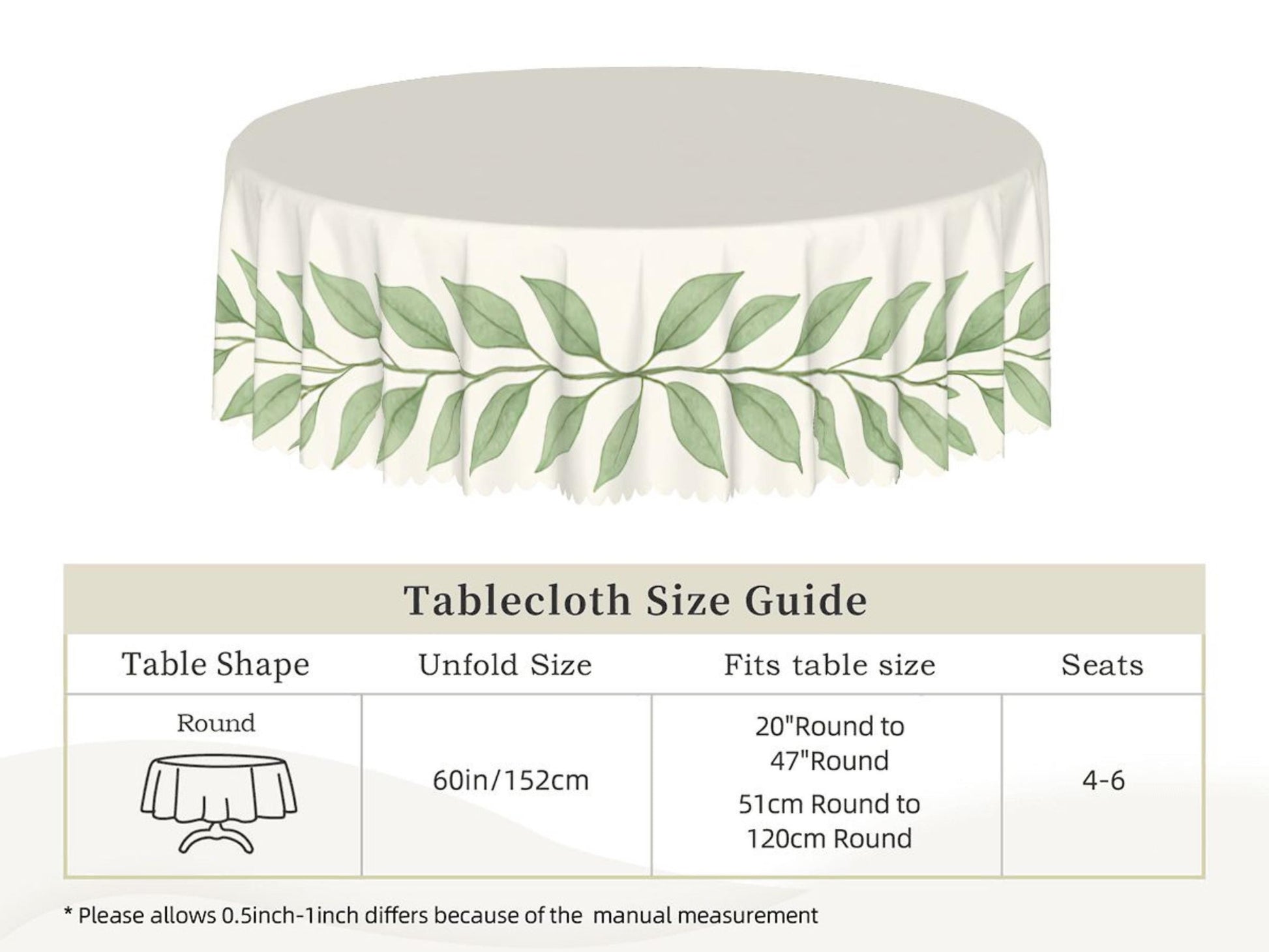 Tablecloth With Green Leaf Border and Scalloped Edge Lace Details Design Spill-Proof Dining Washable Fabric Table Cloth For Kitchen Table