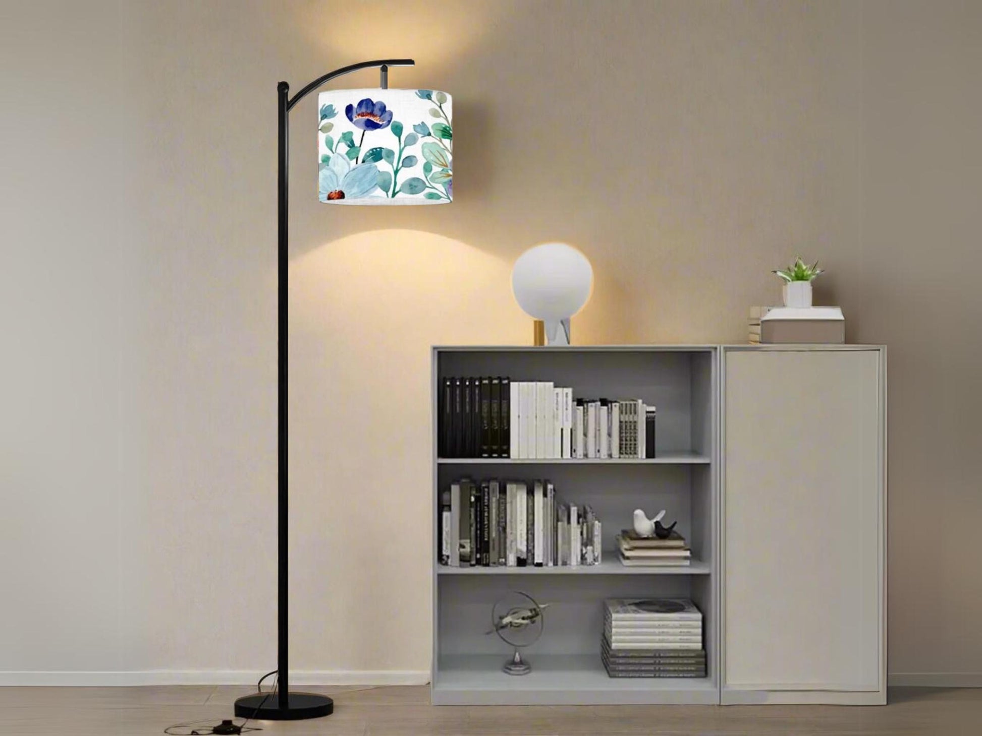 Arc Floor Lamp Modern Watercolor Blue Floral Living Room Lamp Gift Housewarming Gift Wildflower Design Bedroom Lighting Floor Lamp Gift Idea
