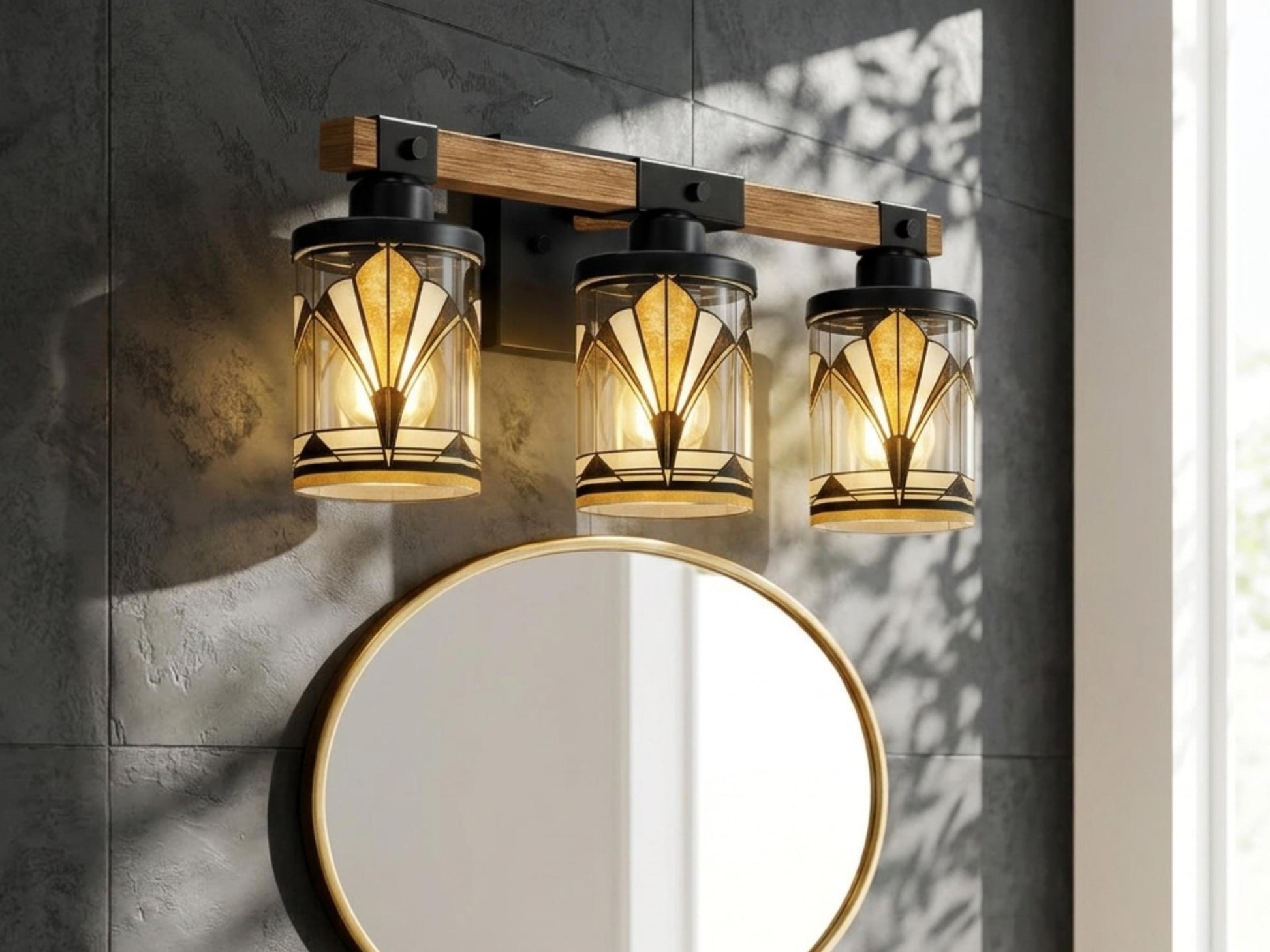 Art Deco Vanity Light Fixture Metal Glass Bathroom Lighting Vintage Wall 3-Light Above Sink Black Vanity Light Luxe Decor 3 Light Bath Decor