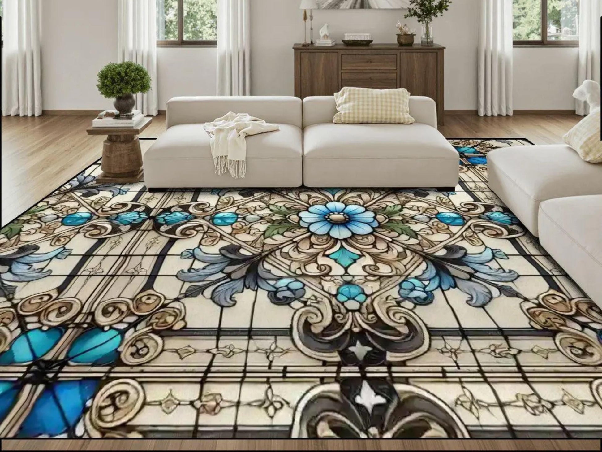 Custom Size Large Area Rug 8x10 Art Nouveau Living Room Rug Indoor Stained Glass Design Carpet 96in x 120in Family Room Rug Soft Short Pile