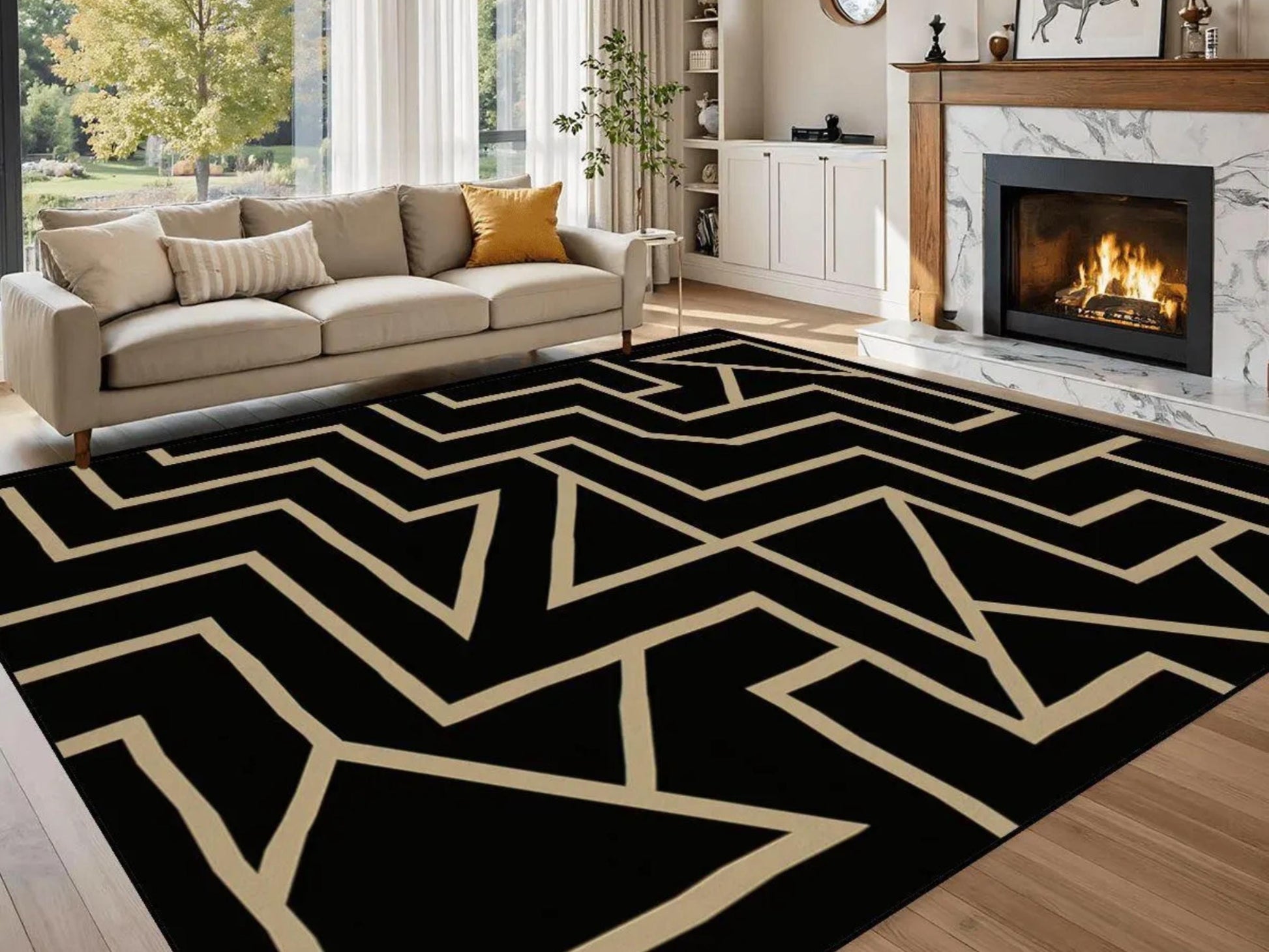 Custom Size Area Rug 8x10 Contemporary Modern Living Room Rug Indoor Mod Black Design Carpet 96in x 120in Family Room Rug Soft Short Pile