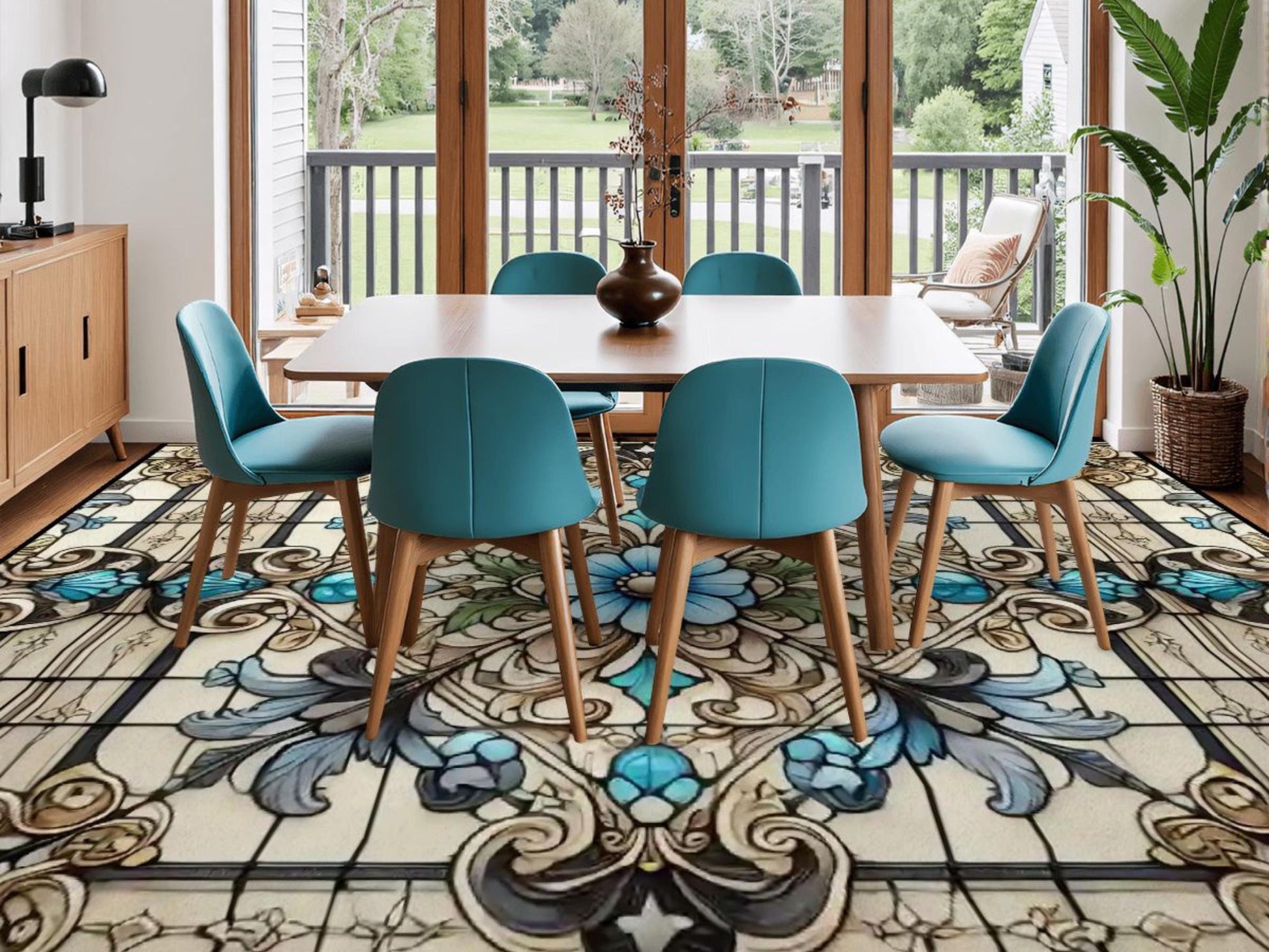 Custom Size Large Area Rug 8x10 Art Nouveau Living Room Rug Indoor Stained Glass Design Carpet 96in x 120in Family Room Rug Soft Short Pile