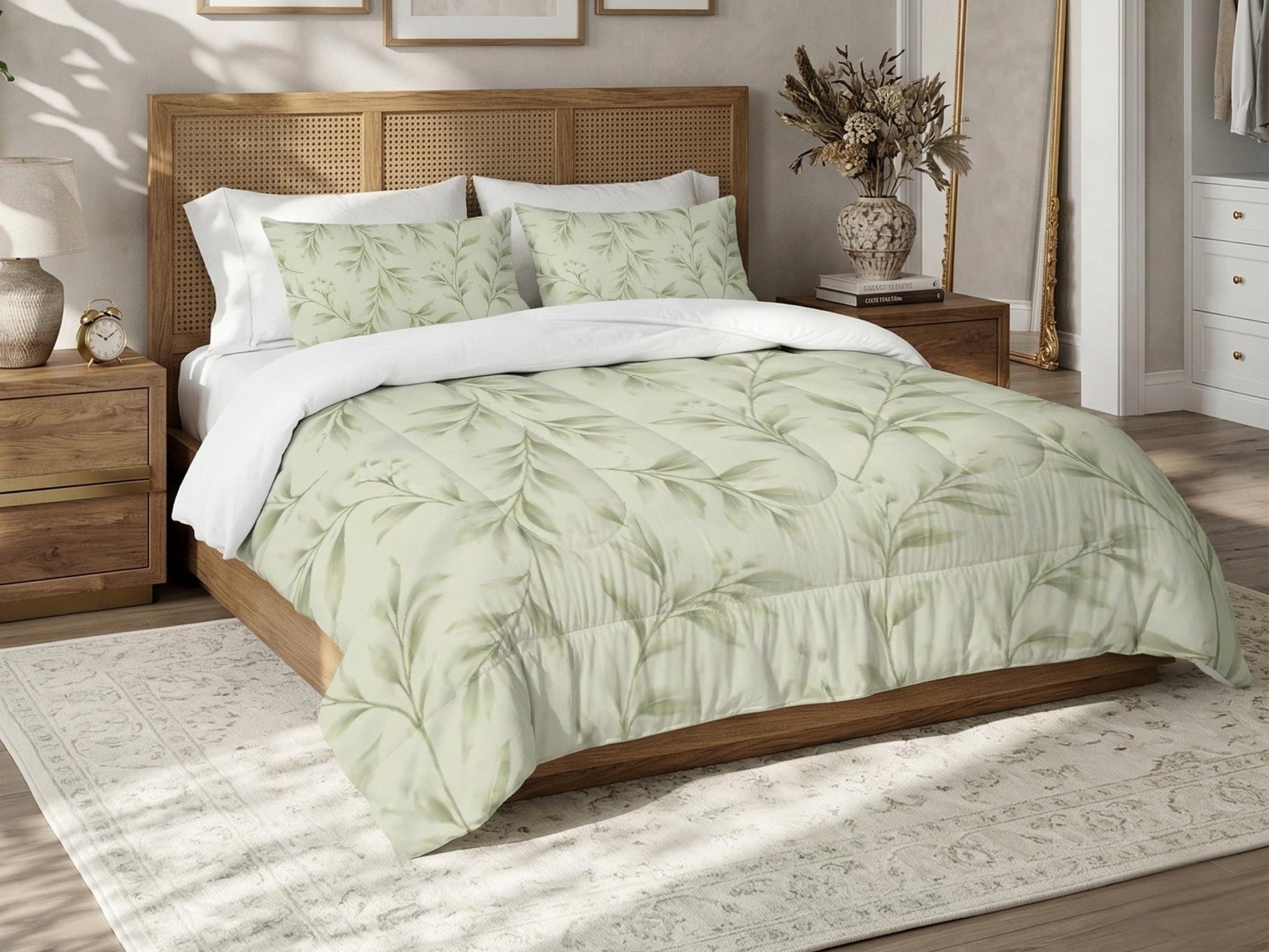Comforter Set Botanical Sage Green Floral Pistachio Bedding Modern Organic Bed Set with Pillowcase Minimal Neutral Bedroom Decor Soft Green