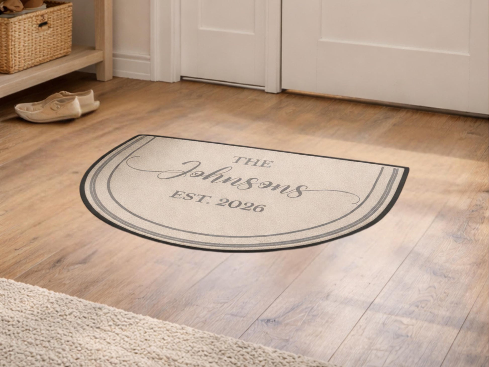Welcome Mat Custom Entryway Rug Family Name Est Year Semi-Circle Minimalist Beige Carpet Accent Mat Rug Soft Short Pile Personalized Rug