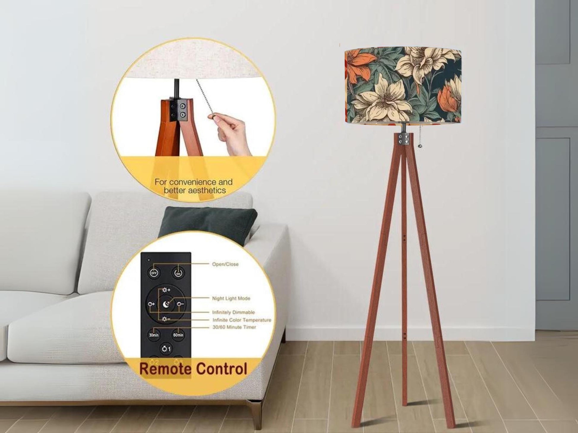 Floor Lamp Wood Tripod Tall Lamp Solid Wood Round Linen Shade Mid Century Floral Tall Lamp Housewarming Gift Living Room Lighting Decor Lamp