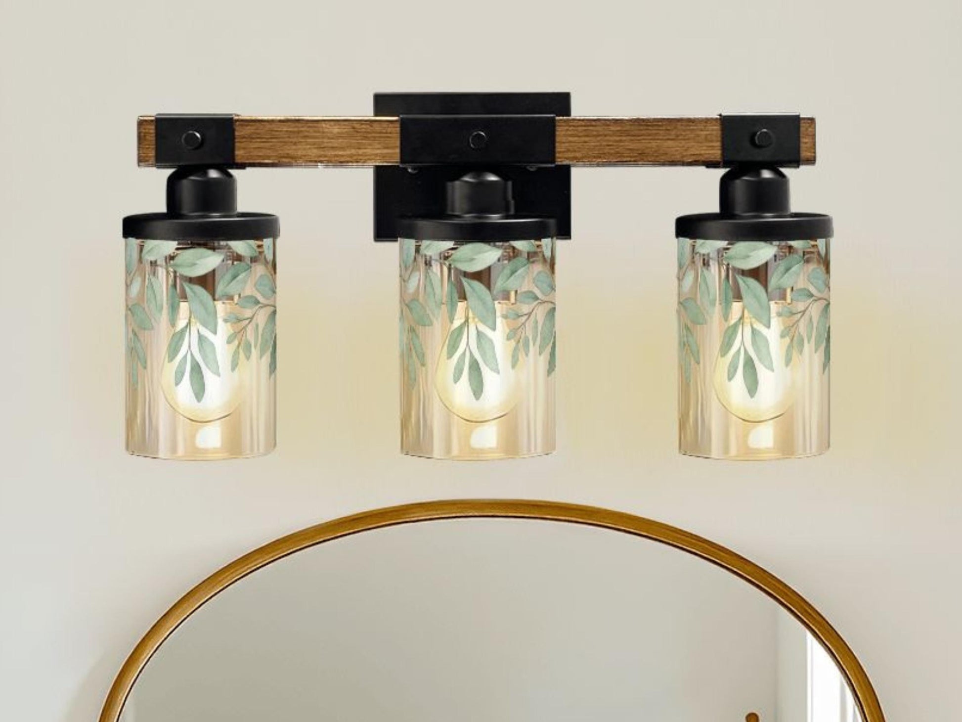 Luxury Bathroom Lighting Botanical Vanity Light Fixture 3-Light Decorative Metal & Glass Restroom Lights Green Leaves Light Over Sink Decor