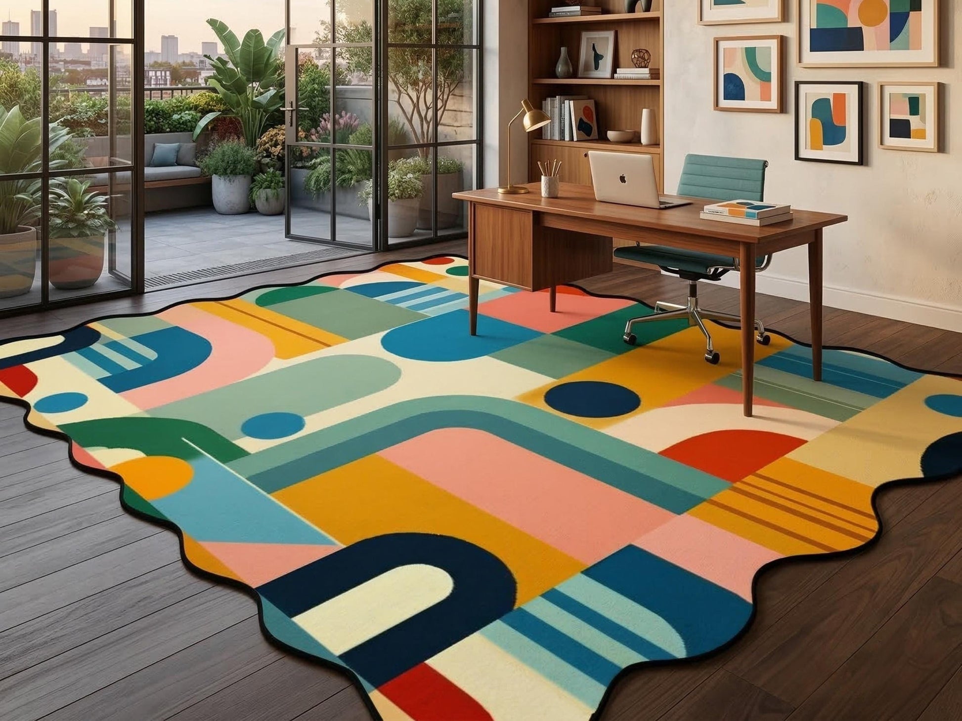 Mid Century Modern Scalloped Edge Rug 8x10 9x12 Geometric Area Rug MCM Retro Colorful Living Room Rug Statement Floor Decor Mid Mod Rug