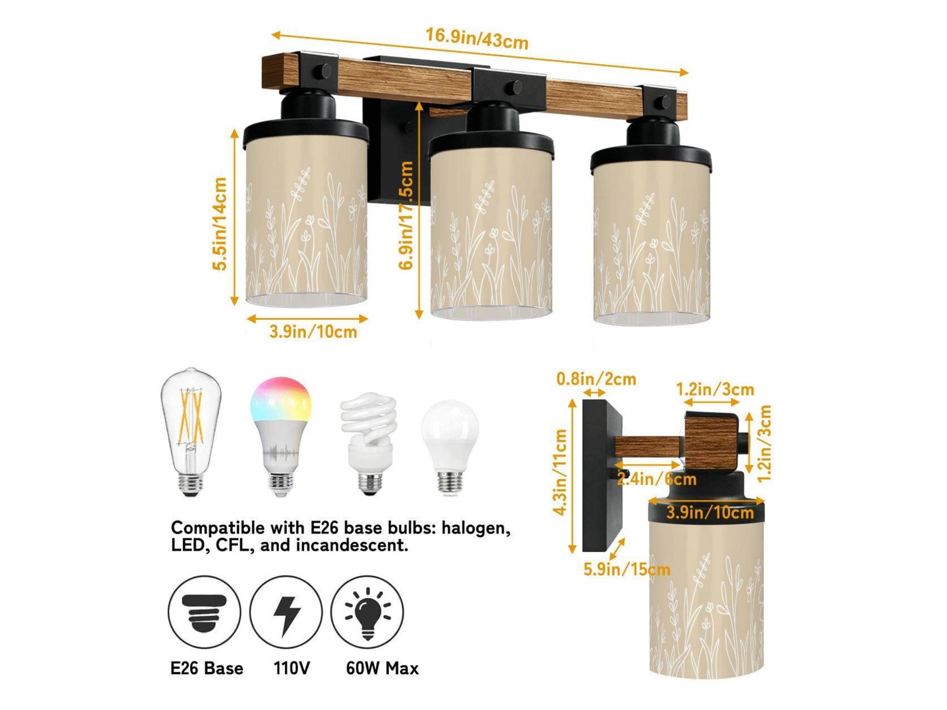 Vanity Light Fixture 3-Light Wildflower Floral Farmhouse Luxury Bathroom Lighting Flowers Metal and Glass Restroom Light Over Sink Decor