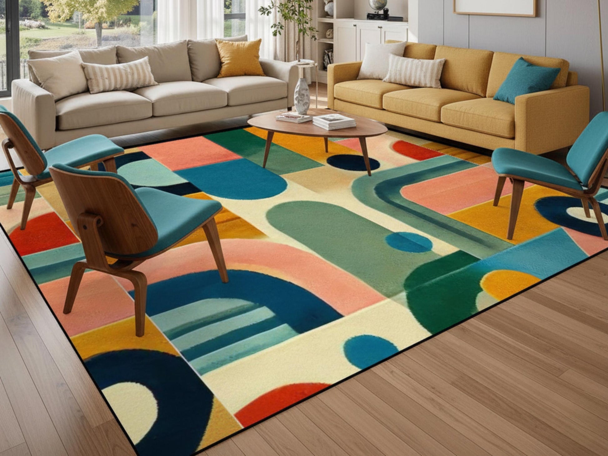 Large Area Rug Custom Size Midcentury Modern Living Room Rug Indoor MCM Design Carpet 96in x 120in Family Room Mid Mod Rug Soft Short Pile