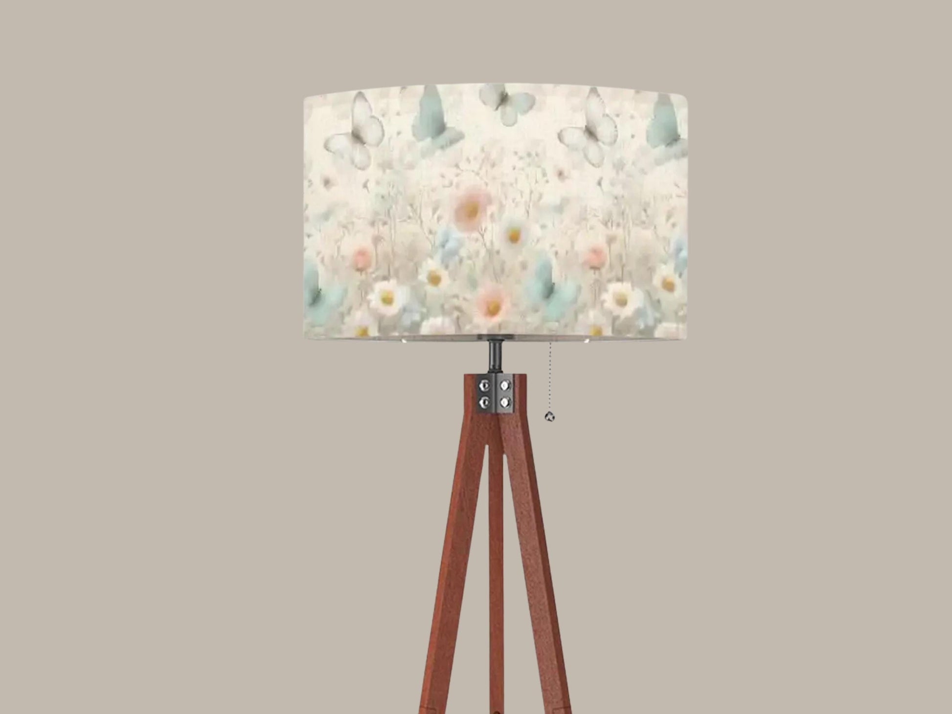 Floor Lamp Wood Tripod Tall Lamp Solid Wood Round Linen Shade Mid Century Floral Tall Lamp Housewarming Gift Living Room Lighting Decor Lamp