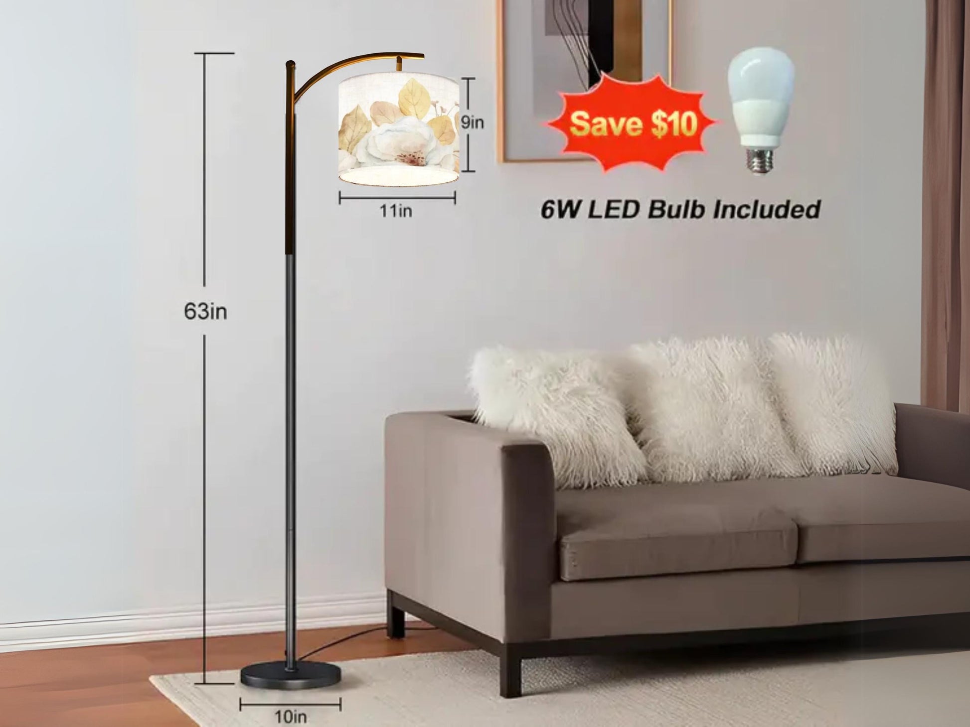 Arc Floor Lamp Modern Housewarming Present Idea Watercolor Floral Living Room Lamp Gift Flowers Design Bedroom Lighting Floor Lamp Gift
