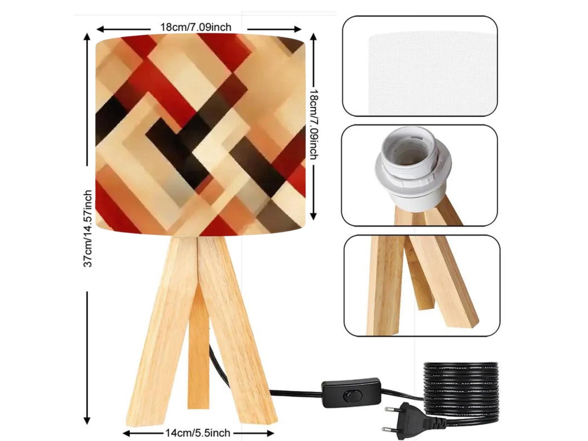 a wooden table lamp with a geometric patterned lamp shade, a white base, and a black cord. The lamp appears to be a modern and stylish design.
