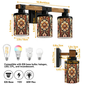 Autumn Floral Stained-Glass-Style Three-Light Vanity Fixture