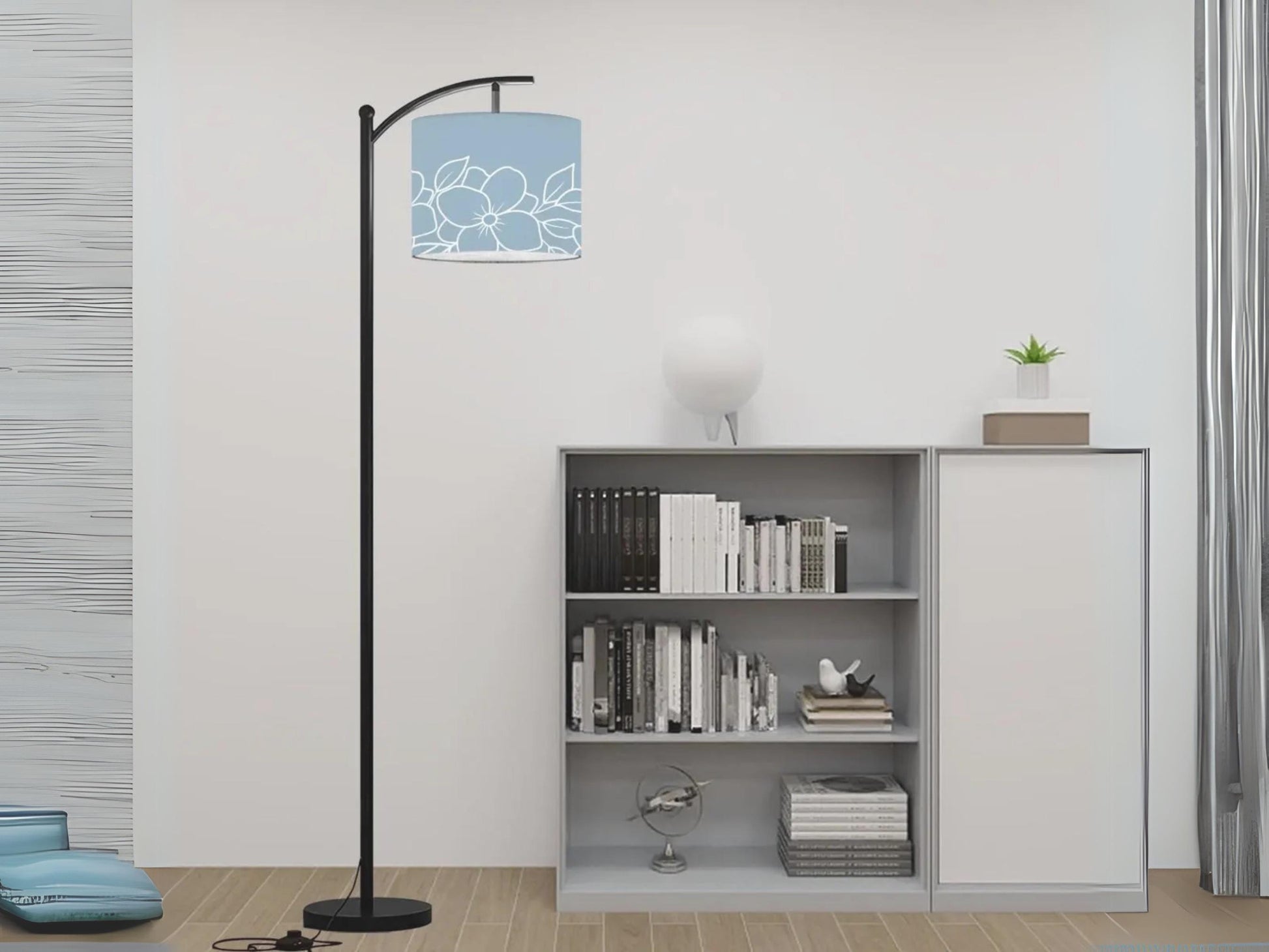 Arc Floor Lamp Modern Powder Blue Floral Living Room Lamp Gift Housewarming Present Idea Wildflowers Design Bedroom Lighting Floor Lamp Gift