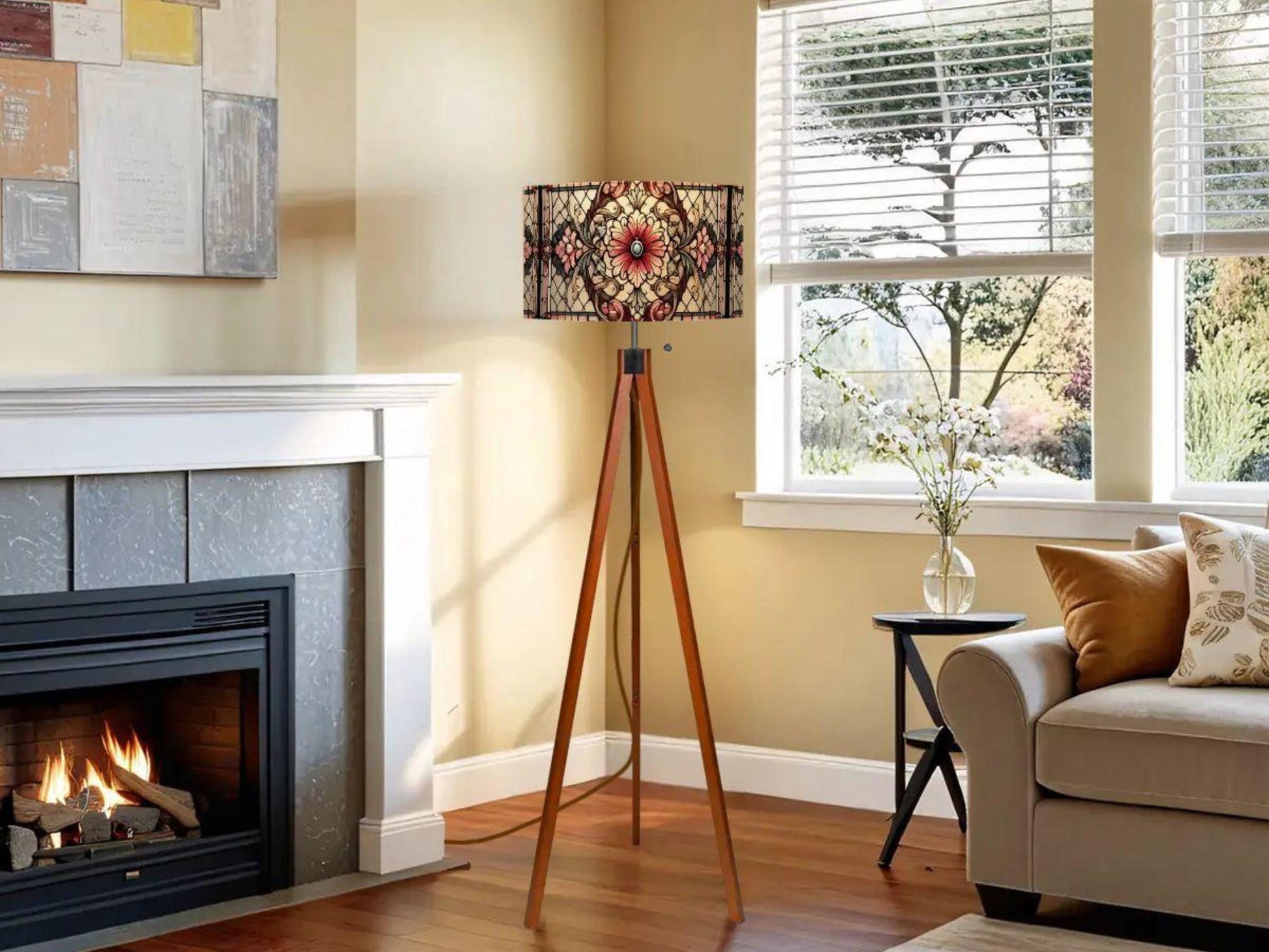Floor Lamp Mid Century Wood Tripod Tall Lamp Solid Wood Linen Shade Stained Glass Effect Tall Lamp Housewarming Gift Living Room Decor Lamp