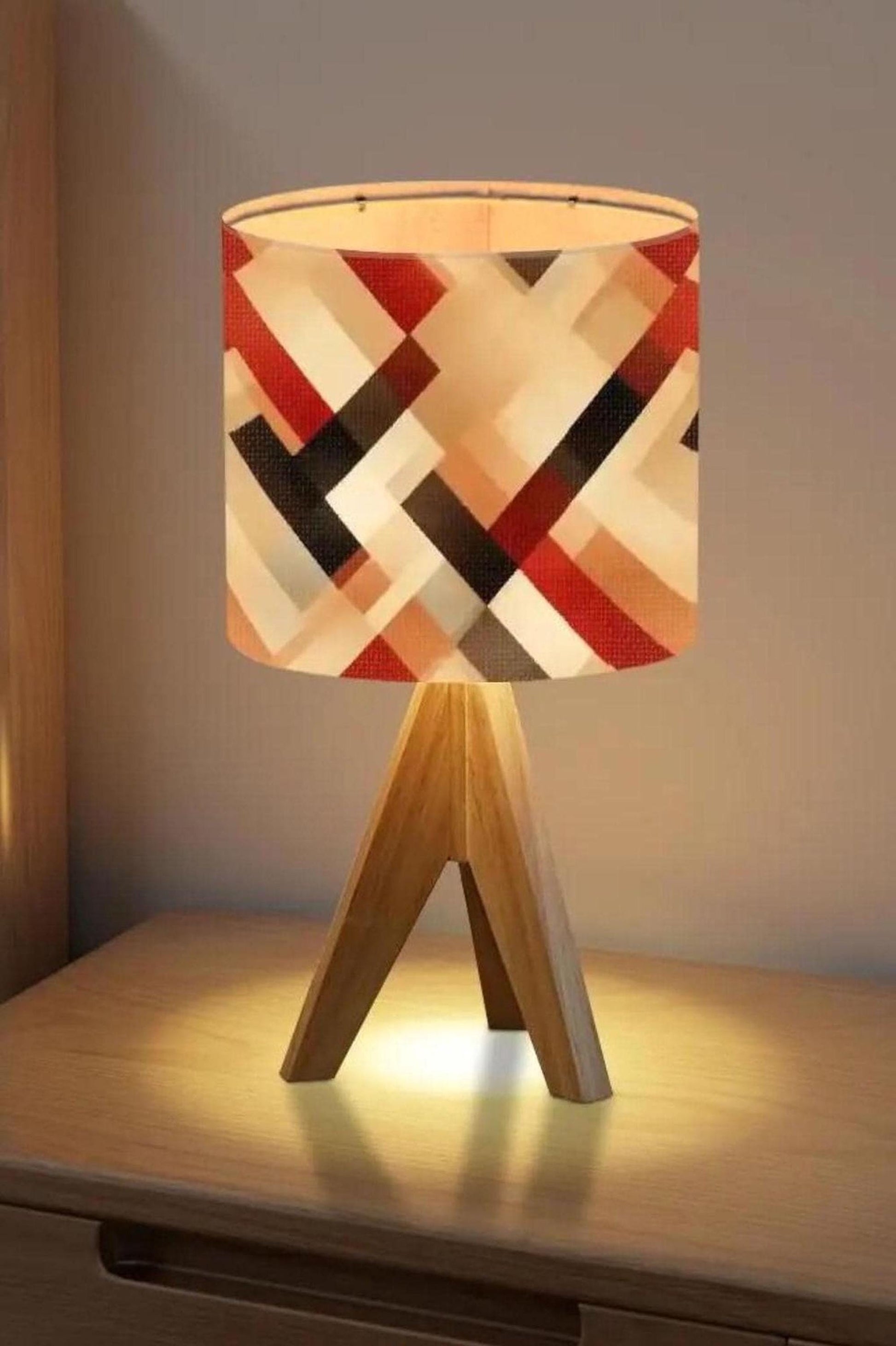 Tripod Table Lamp Geometric Pattern Minimalist Earth Tone Wood Desk Lamp Housewarming Gift Lamp Bedroom Lamp Lighting Gift for Bedroom