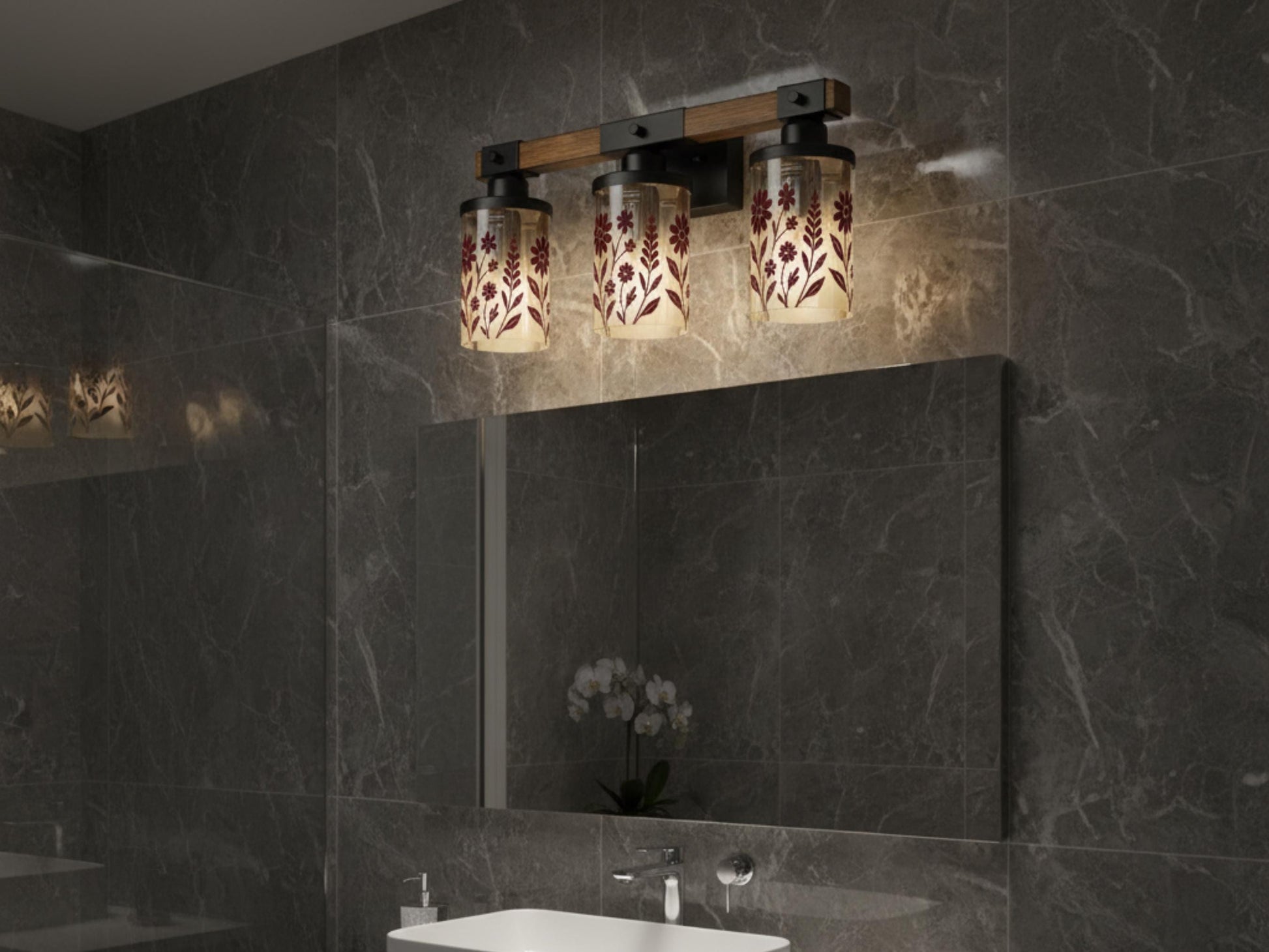 Luxury Bathroom Lighting Modern Vanity Light Fixture 3-Light Decorative Metal and Glass Restroom Light Red Merlot Wildflower Over Sink Decor