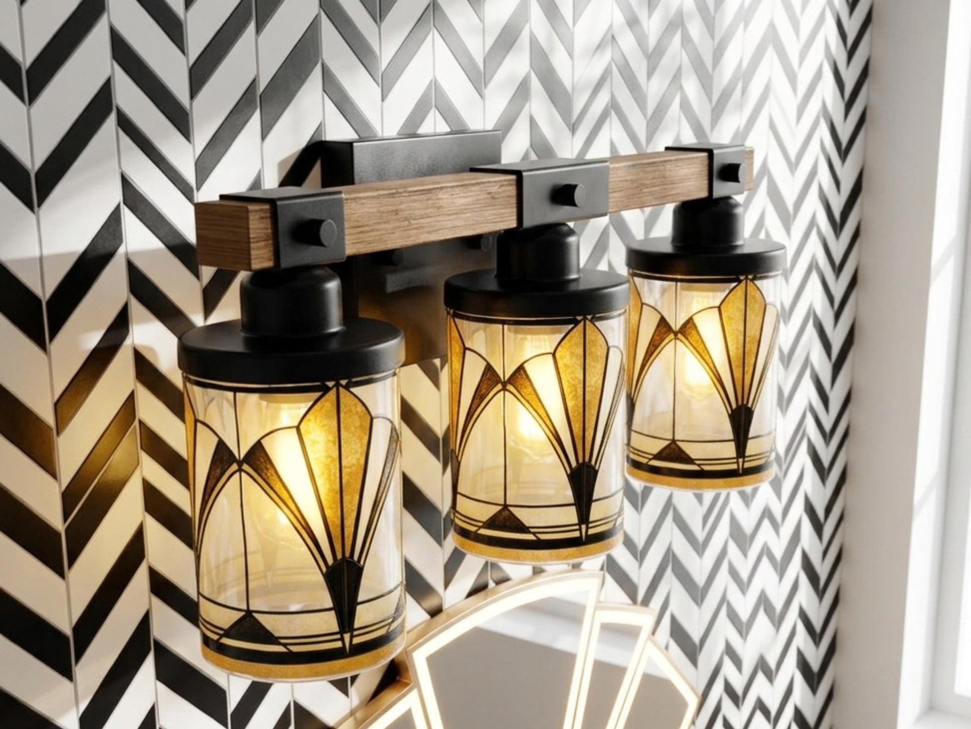 Art Deco Vanity Light Fixture Metal Glass Bathroom Lighting Vintage Wall 3-Light Above Sink Black Vanity Light Luxe Decor 3 Light Bath Decor
