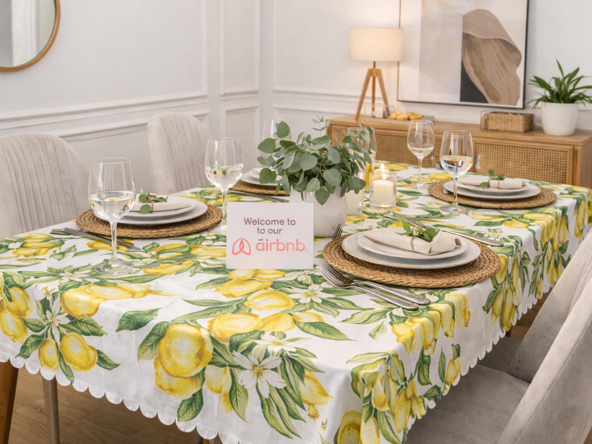 Tablecloth Lemon Rectangle With Scalloped Edge Lace Detail Springtime Spill-Proof Washable Fabric Lemons Table Cloth For Family Dining