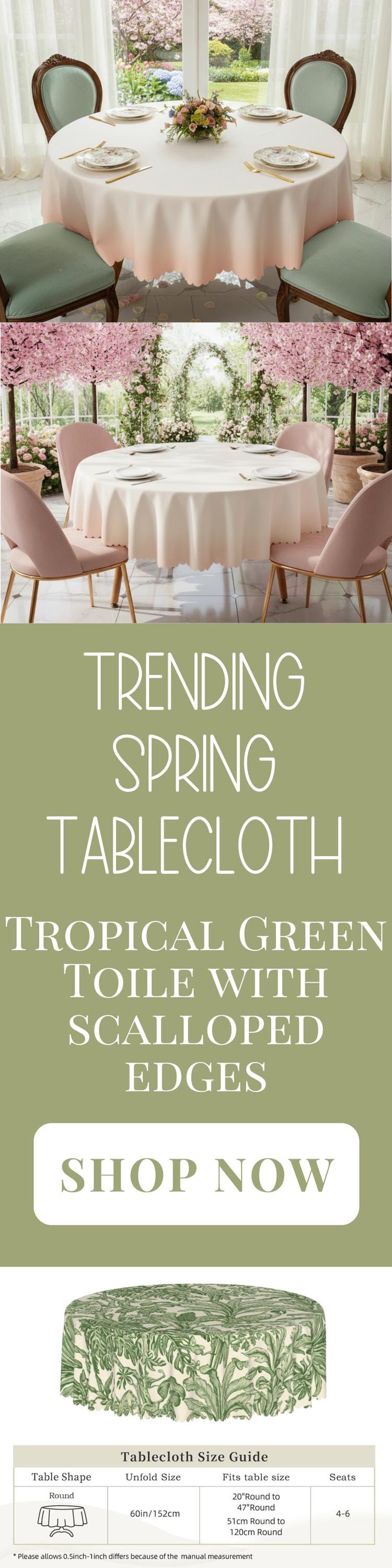 Toile Green Tropical Tablecloth With Scalloped Edge Lace Details For Dining Table Spill-Proof Spring Washable Table Cloth Elegant Setting