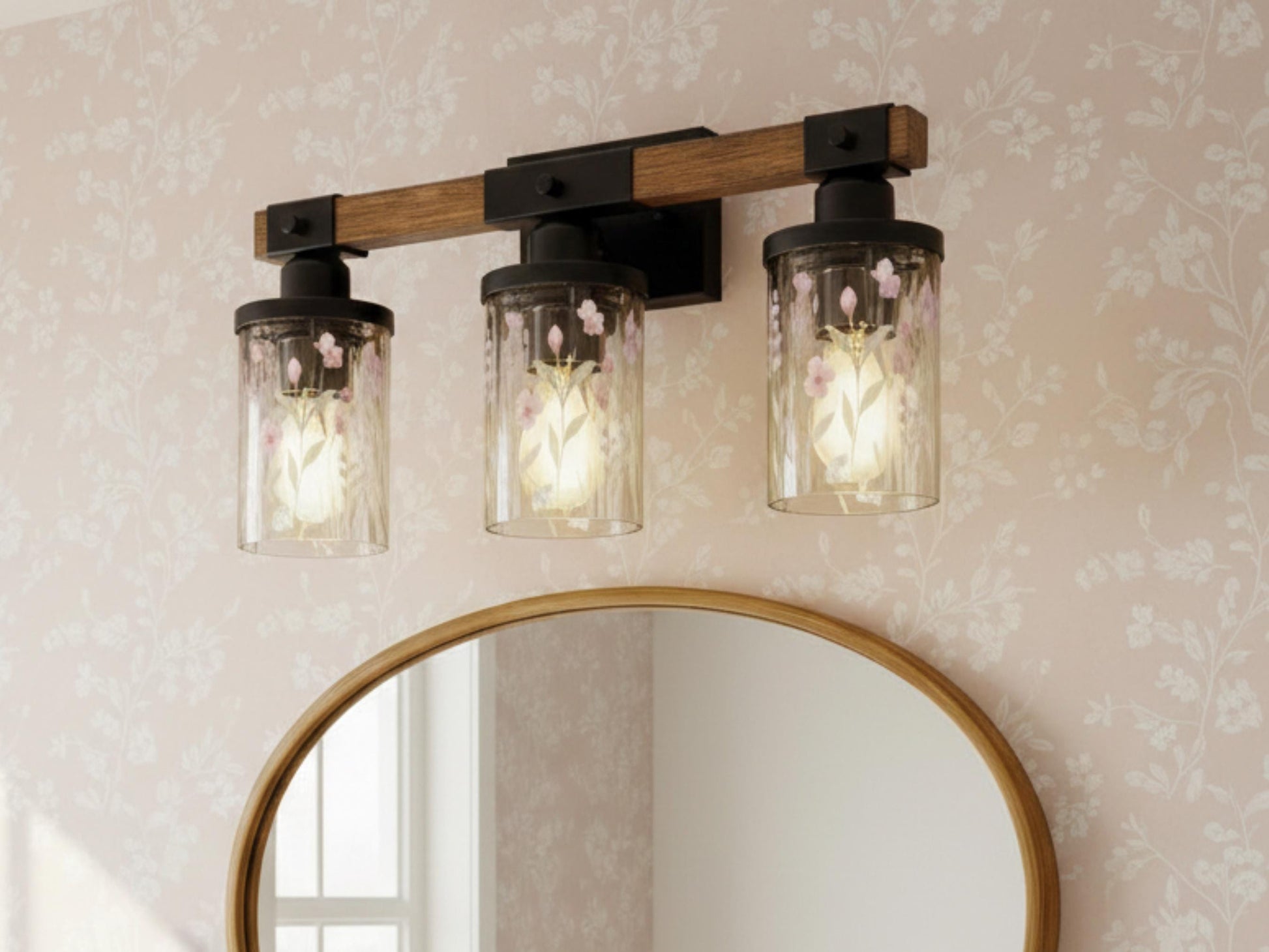 Luxury Bathroom Vanity Light Fixture 3-Light Watercolor Spring Floral Farmhouse Pink Flowers Metal and Glass Restroom Light Over Sink Decor
