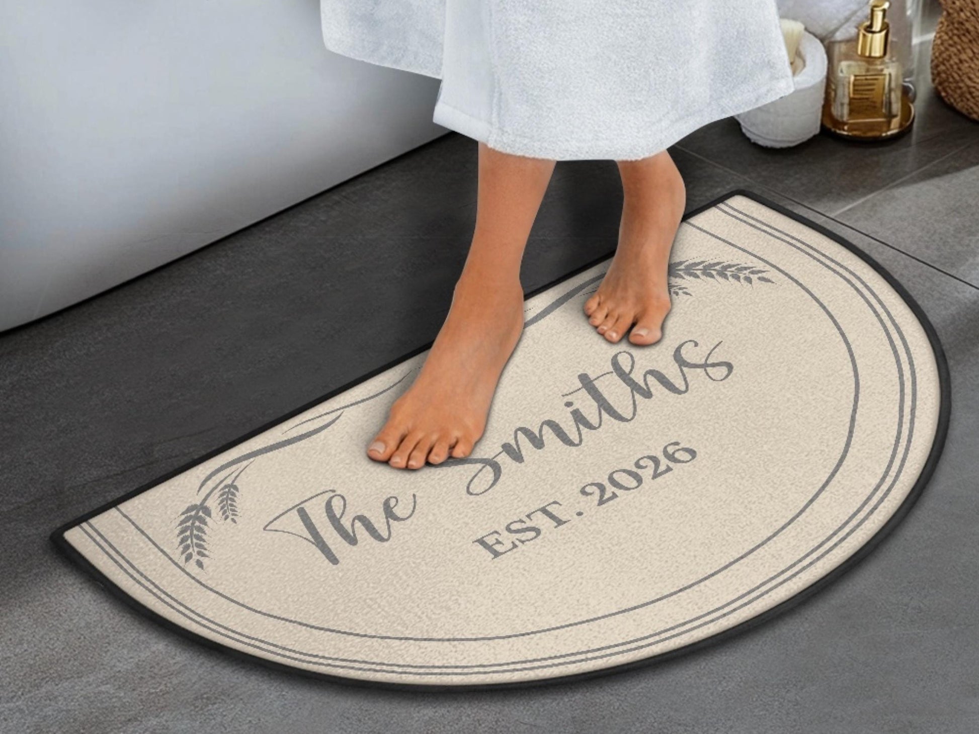 Custom Entryway Rug Welcome Mat Family Name Est Year Semi-Circle Minimalist Beige Carpet Accent Mat Rug Soft Short Pile Personalized Rug