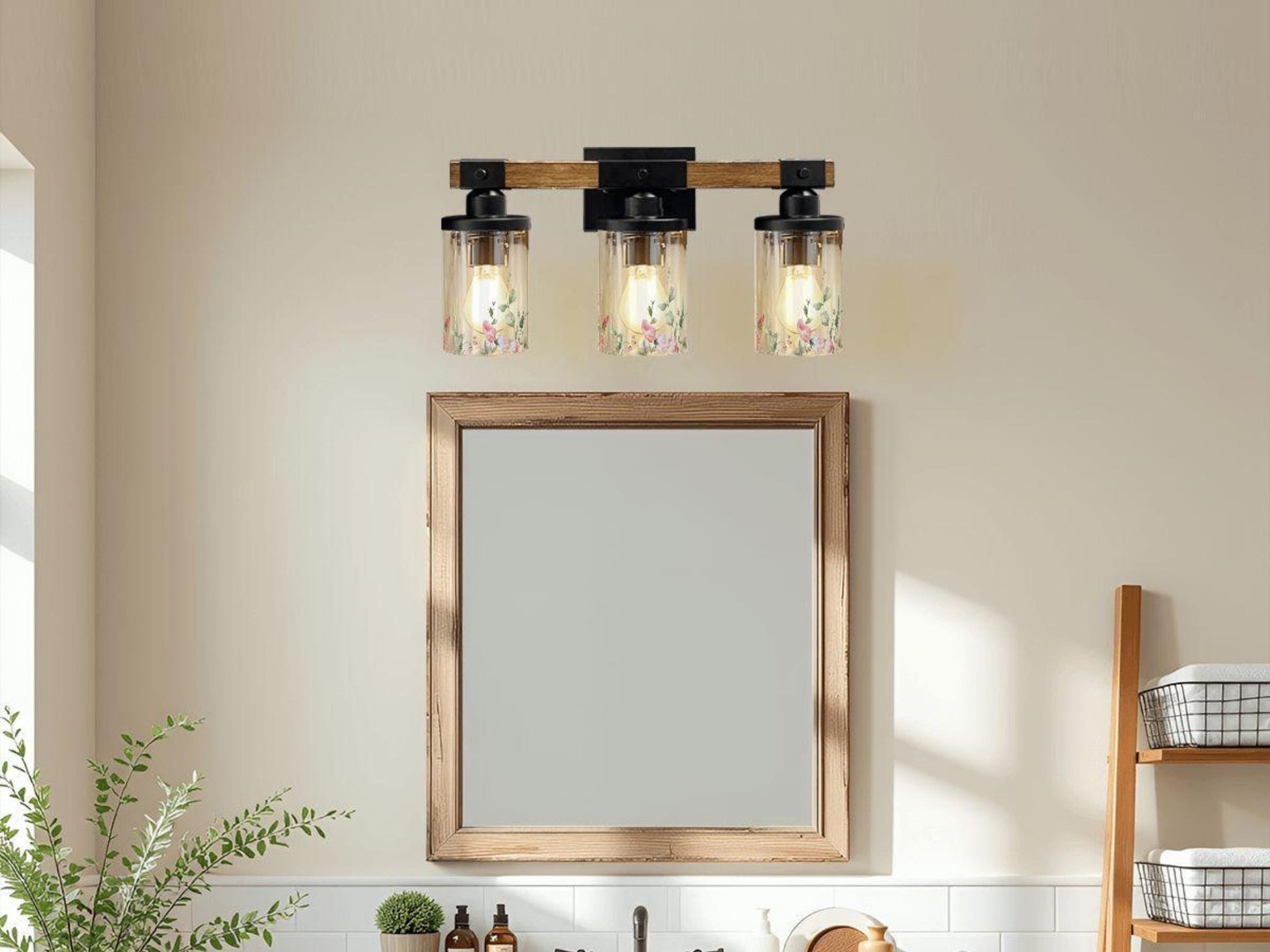 Bathroom Lighting Vanity Light Fixture Soft Pink Floral 3-Light Farmhouse Luxury Bathroom  Metal and Glass Restroom Light Over Sink Decor
