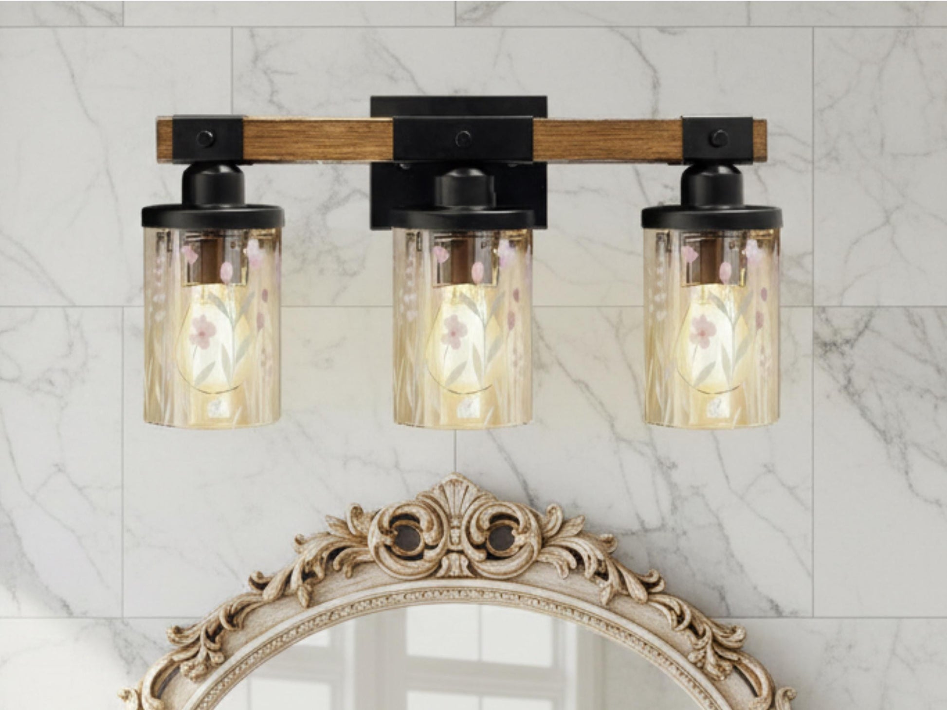 Luxury Bathroom Vanity Light Fixture 3-Light Watercolor Spring Floral Farmhouse Pink Flowers Metal and Glass Restroom Light Over Sink Decor