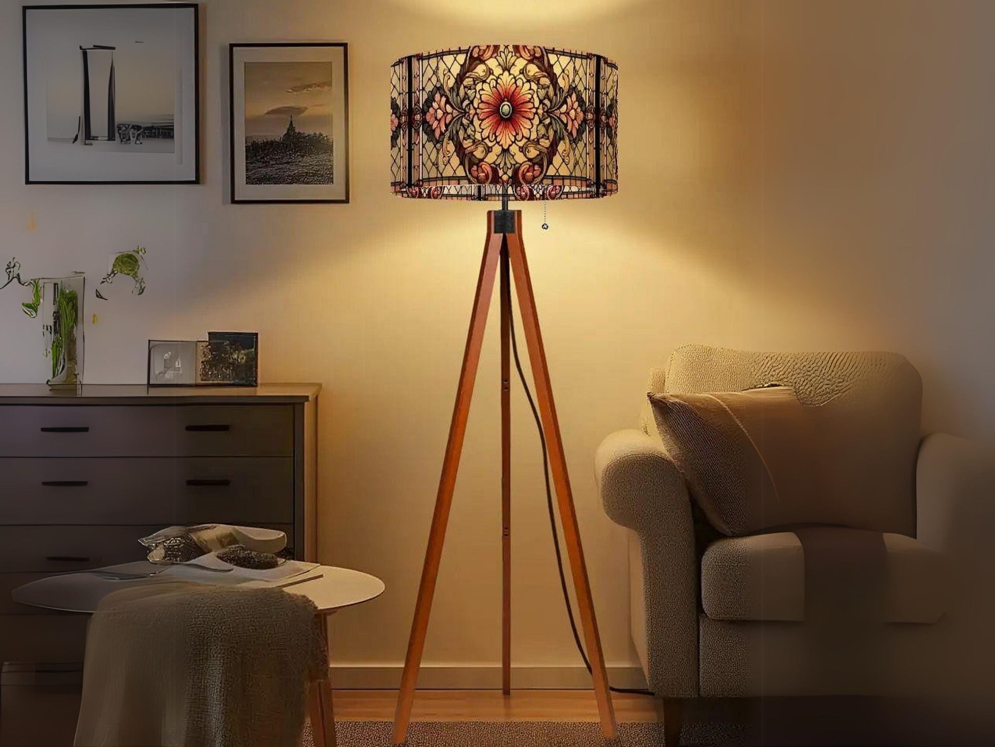 Floor Lamp Mid Century Wood Tripod Tall Lamp Solid Wood Linen Shade Stained Glass Effect Tall Lamp Housewarming Gift Living Room Decor Lamp
