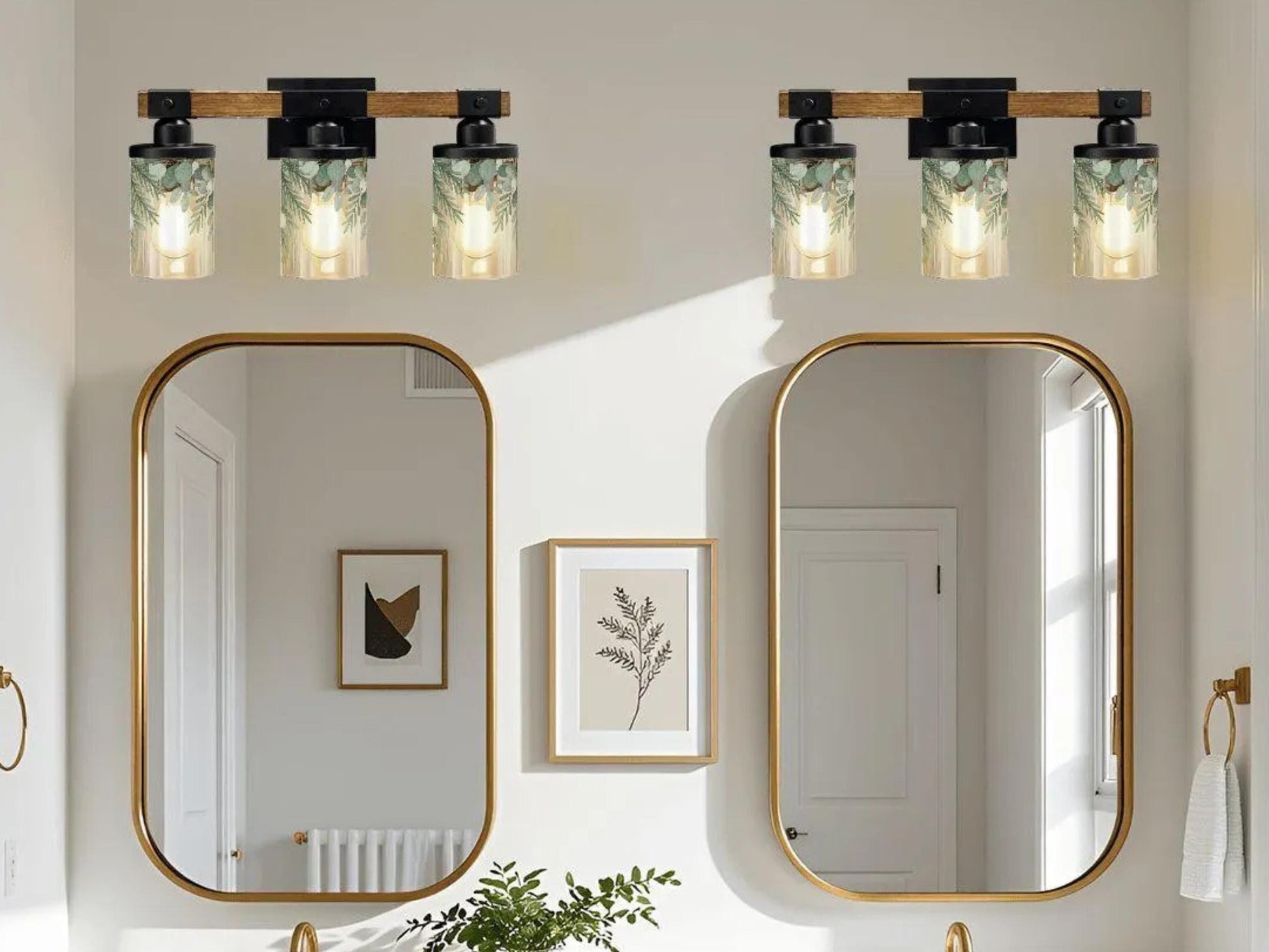 Bathroom Light Fixture Green Vanity Lighting  3-Light Decorative Metal & Glass Restroom Light Sage Greenery Pink Leaves Over Sink Decor