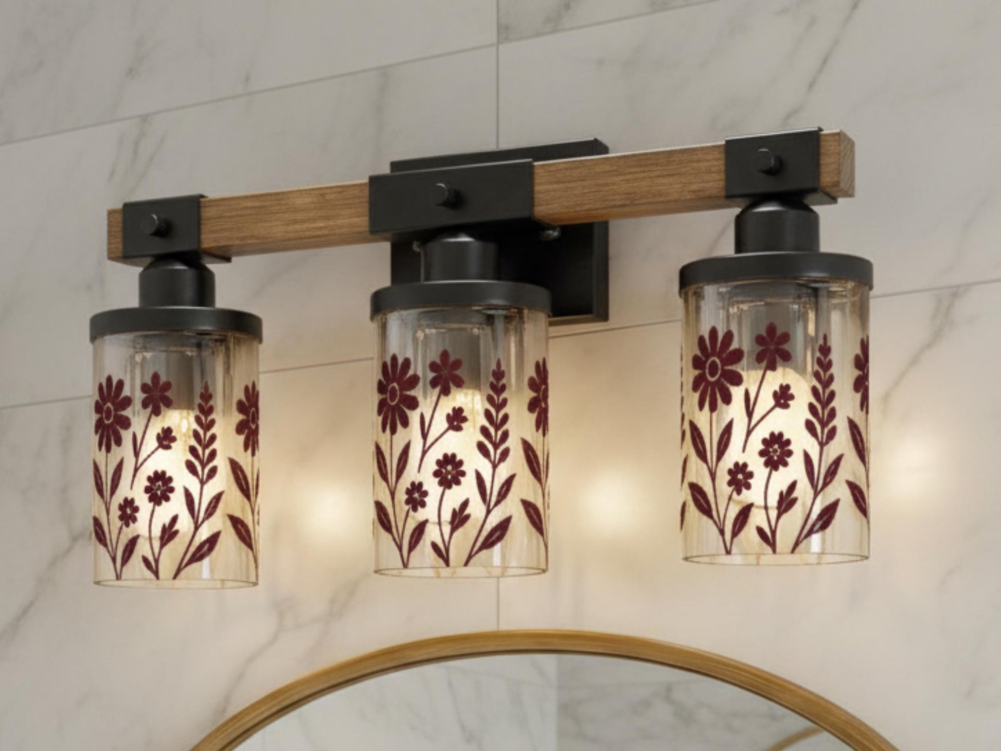 Luxury Bathroom Lighting Modern Vanity Light Fixture 3-Light Decorative Metal and Glass Restroom Light Red Merlot Wildflower Over Sink Decor