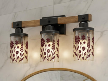 Luxury Bathroom Lighting Modern Vanity Light Fixture 3-Light Decorative Metal and Glass Restroom Light Red Merlot Wildflower Over Sink Decor