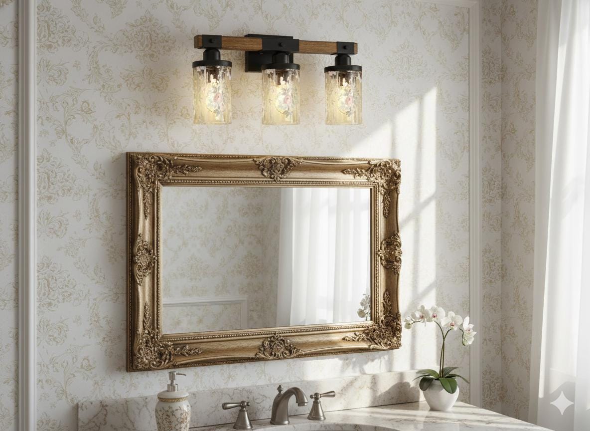 Luxury Bathroom Lighting Vanity Light Fixture 3-Light Watercolor Floral Farmhouse Roses Metal and Glass Restroom Light Over Sink Decor