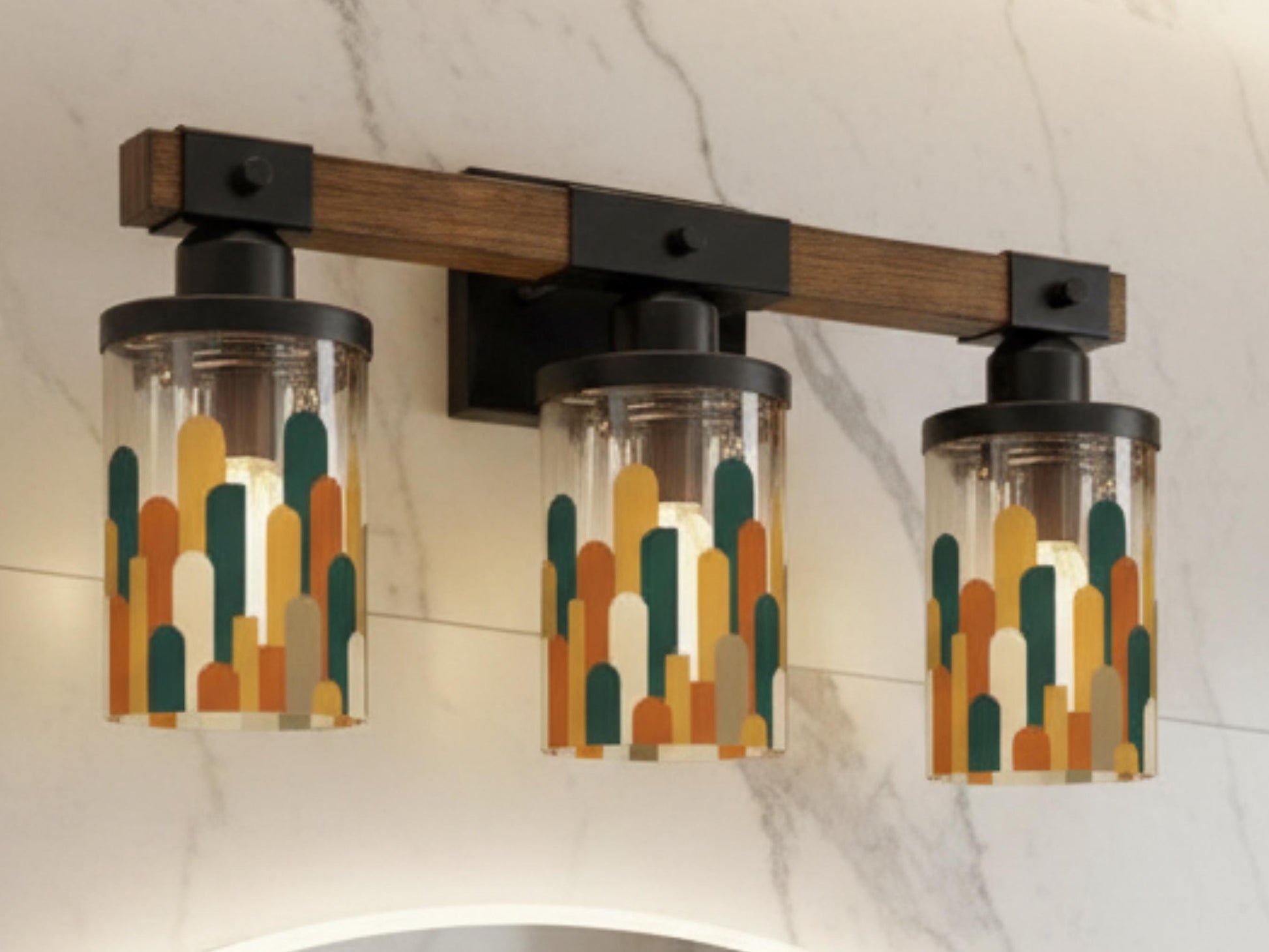 Luxury Bathroom Lighting MCM Vanity Light Fixture 3-Light Decorative Metal & Glass Restroom Light Midcentury Modern City Skyline Sink Decor