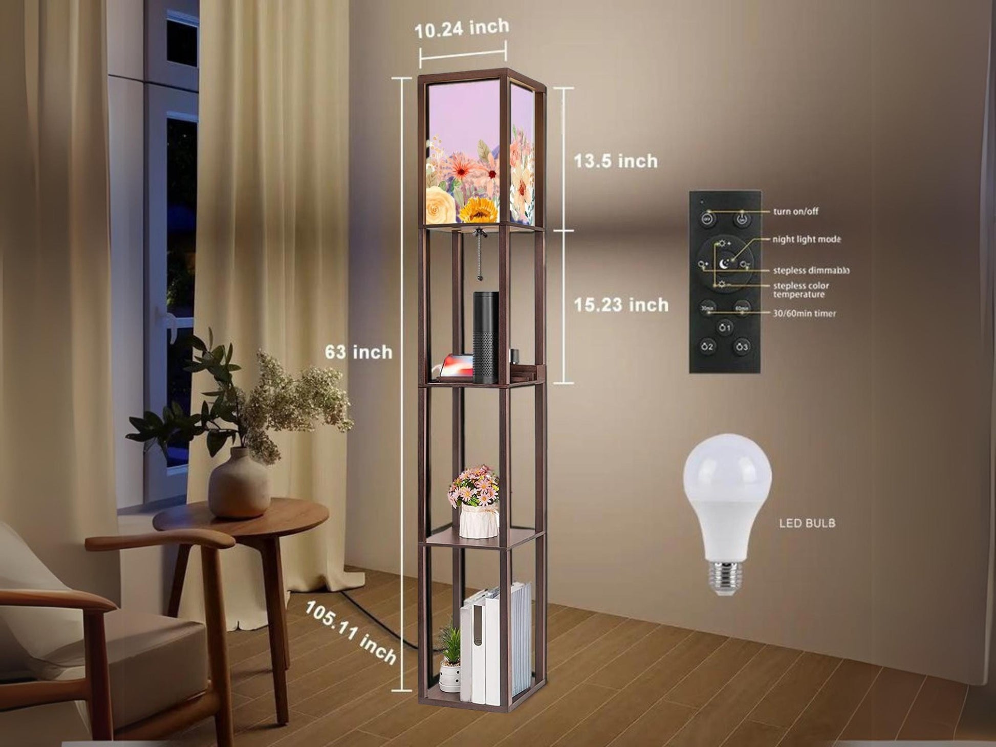 Floor Lamp Wooden Shelves Floral USB Floor Lamp Living Room Lighting Made in USA Floor Lamp With 3 Shelves Bedroom Lighting for Living Room