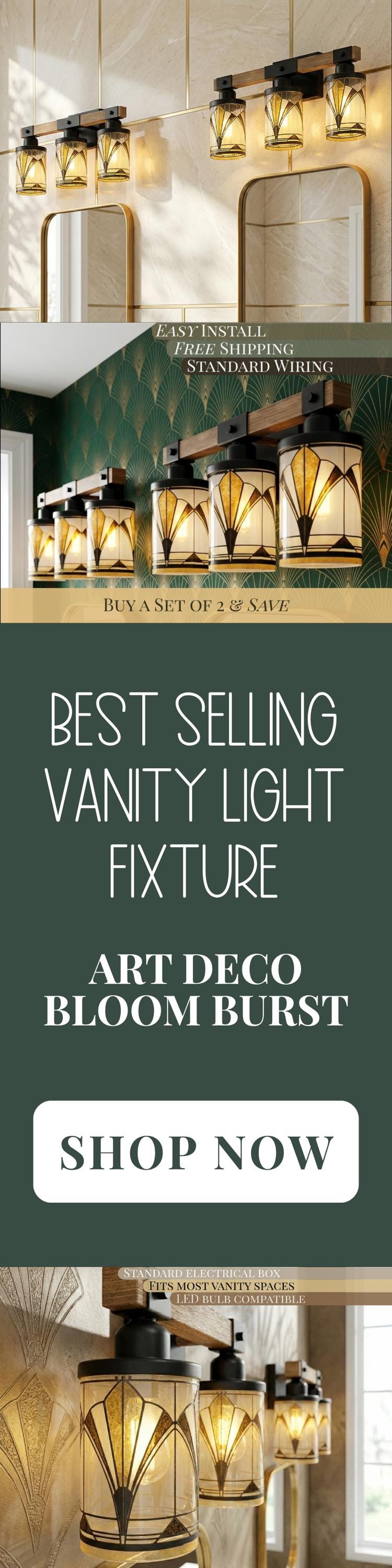 Art Deco Vanity Light Fixture Metal Glass Bathroom Lighting Vintage Wall 3-Light Above Sink Black Vanity Light Luxe Decor 3 Light Bath Decor