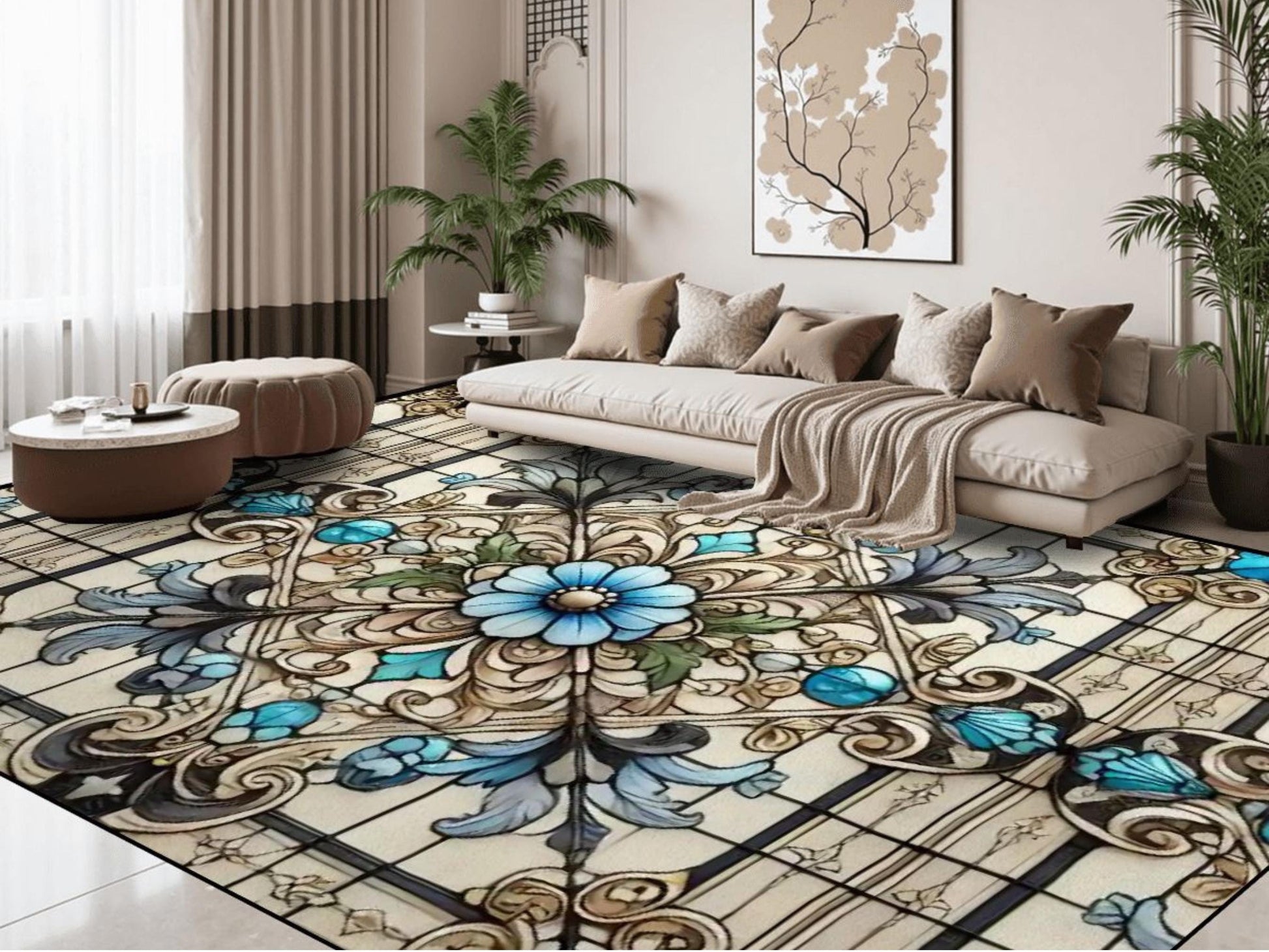 Custom Size Large Area Rug 8x10 Art Nouveau Living Room Rug Indoor Stained Glass Design Carpet 96in x 120in Family Room Rug Soft Short Pile