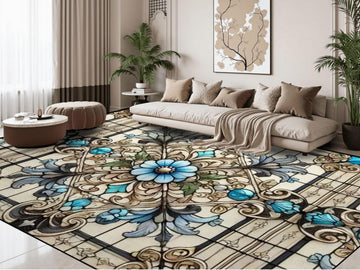 Custom Size Large Area Rug 8x10 Art Nouveau Living Room Rug Indoor Stained Glass Design Carpet 96in x 120in Family Room Rug Soft Short Pile
