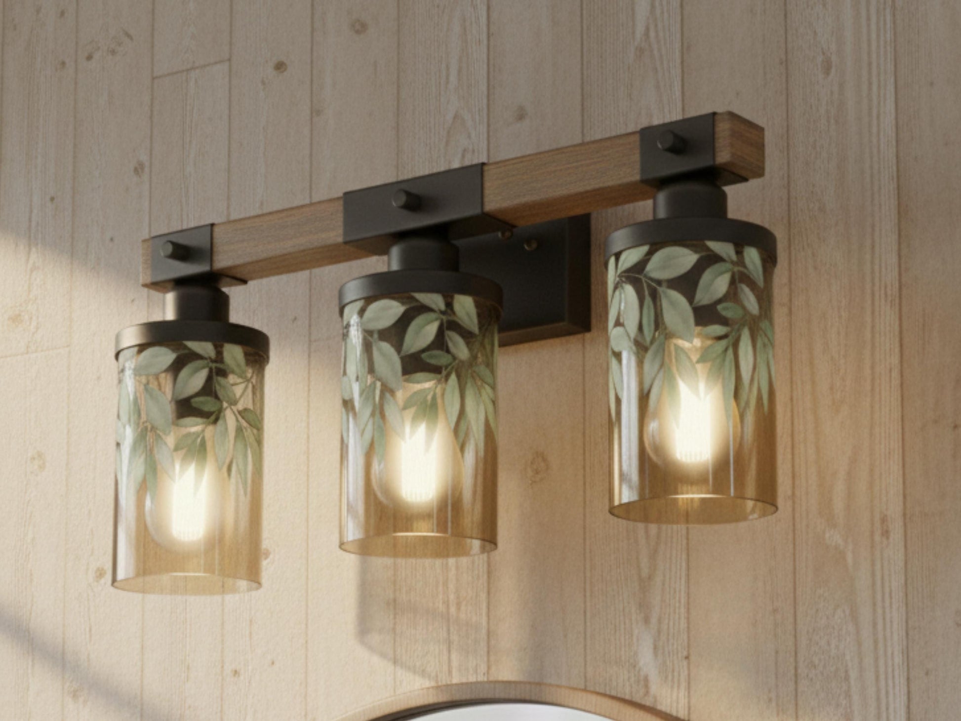 Luxury Bathroom Lighting Botanical Vanity Light Fixture 3-Light Decorative Metal & Glass Restroom Lights Green Leaves Light Over Sink Decor