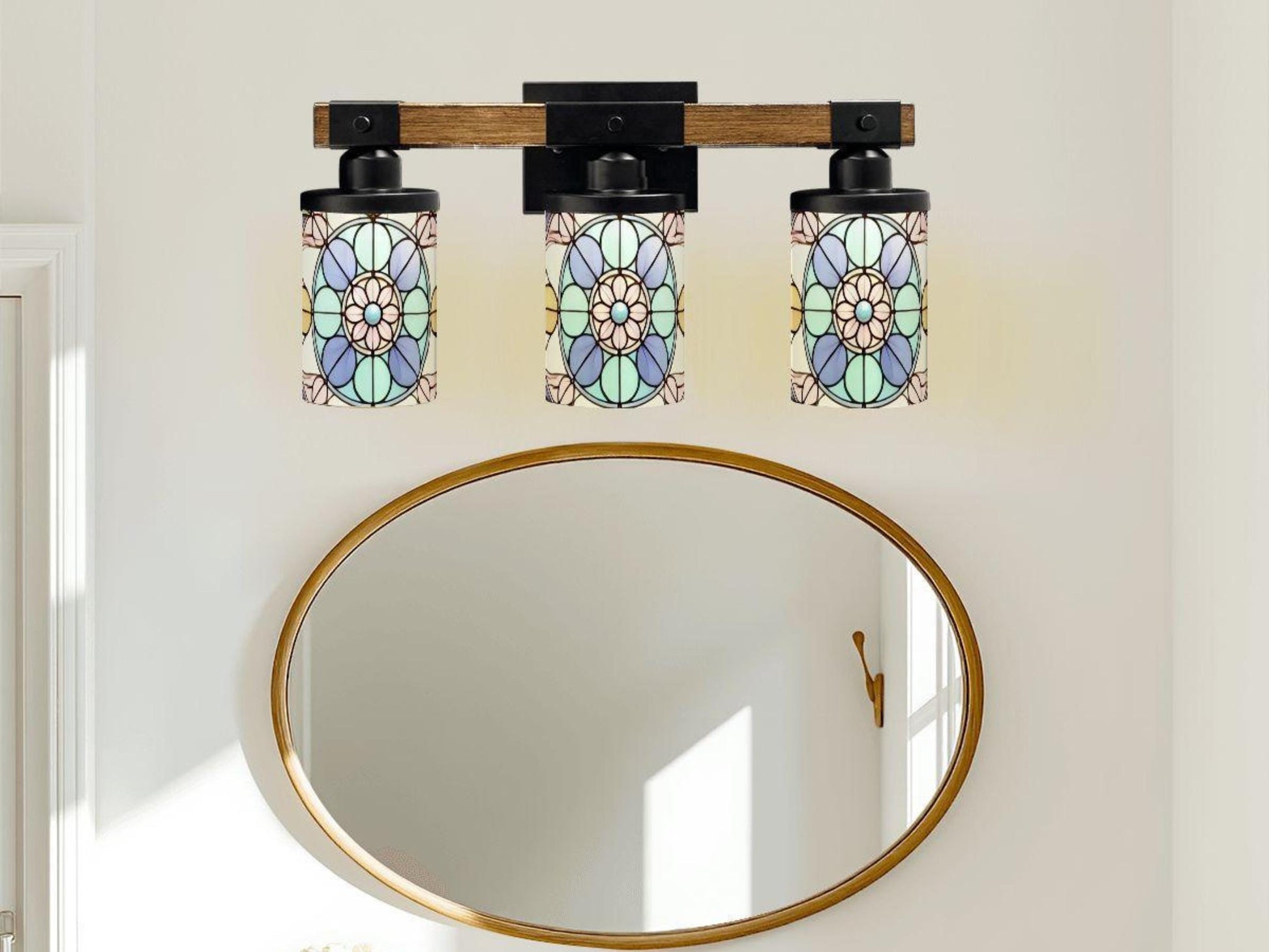 3 Light Vanity Light Fixture Stained Glass Affect Luxury Bathroom Lighting Modern Pattern Metal and Glass Restroom Light Over Sink Decor