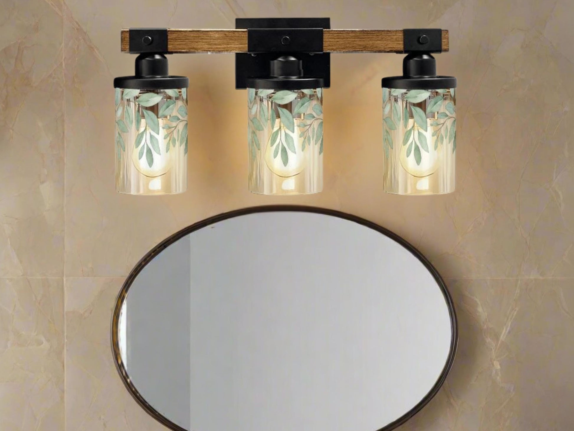 Luxury Bathroom Lighting Botanical Vanity Light Fixture 3-Light Decorative Metal & Glass Restroom Lights Green Leaves Light Over Sink Decor