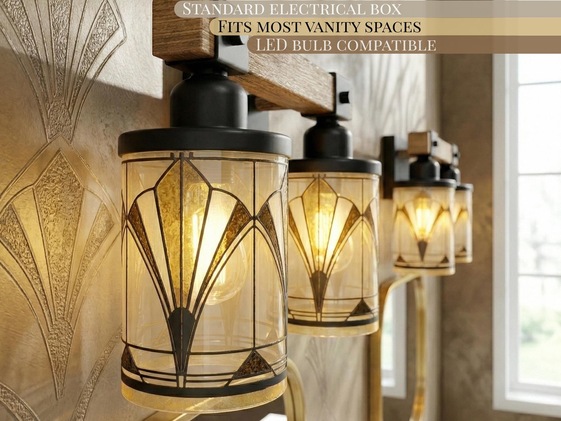 Art Deco Vanity Light Fixture Metal Glass Bathroom Lighting Vintage Wall 3-Light Above Sink Black Vanity Light Luxe Decor 3 Light Bath Decor
