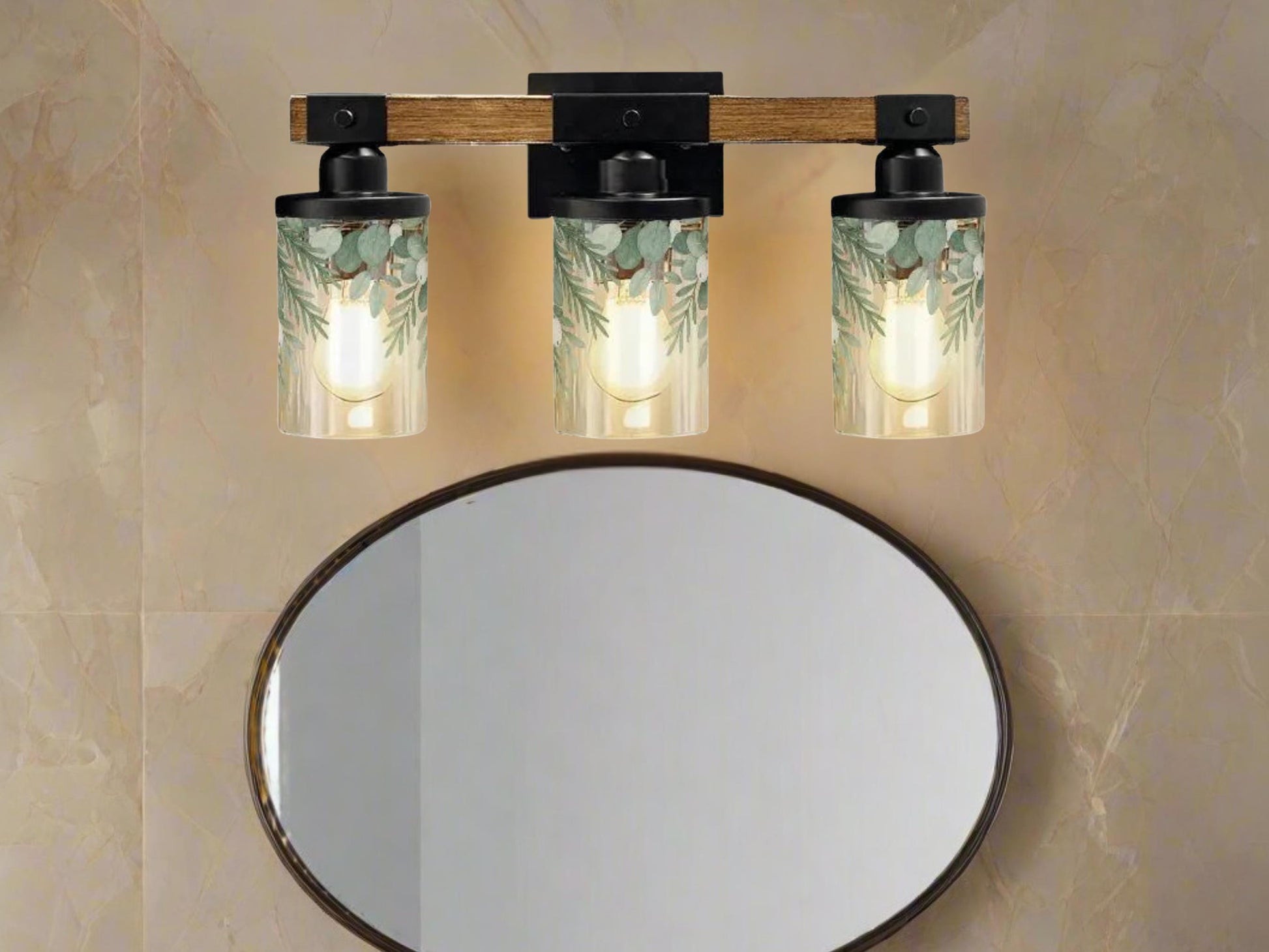 Bathroom Light Fixture Green Vanity Lighting  3-Light Decorative Metal & Glass Restroom Light Sage Greenery Pink Leaves Over Sink Decor