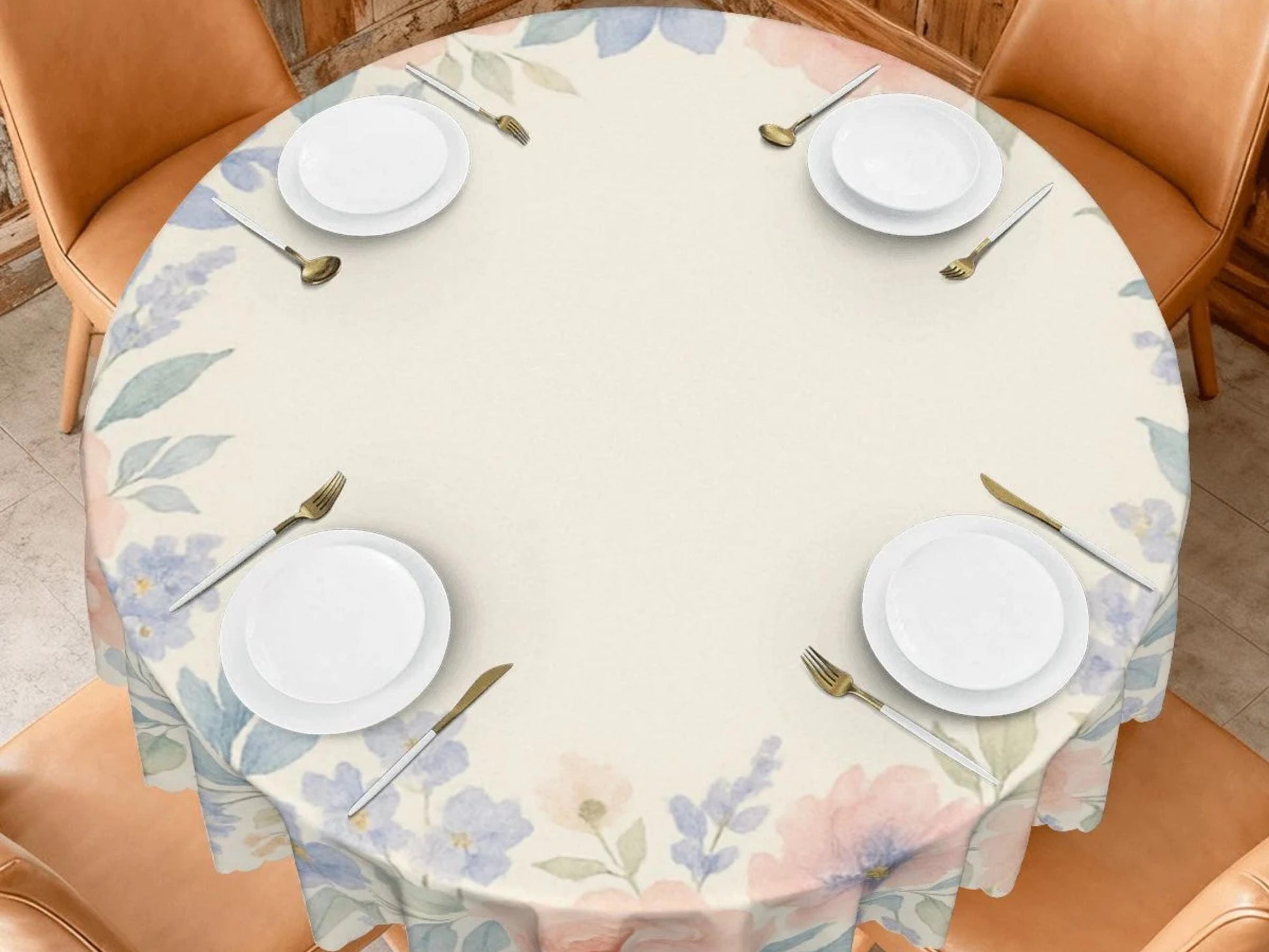 Tablecloth 60inch Spring Flowers Scalloped Edge Detail For Spring Spill-Proof Floral Washable Fabric Table Cloth For Family Dining Occasions
