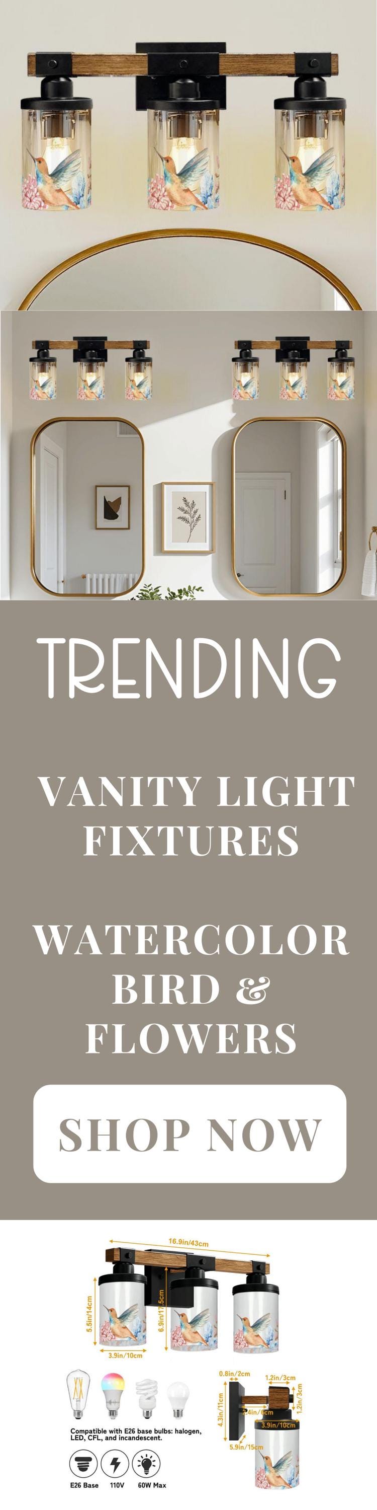 Vanity Light Fixture 3-Light Watercolor Bird Floral Farmhouse Luxury Bathroom Lighting Flower Metal and Glass Restroom Light Over Sink Decor