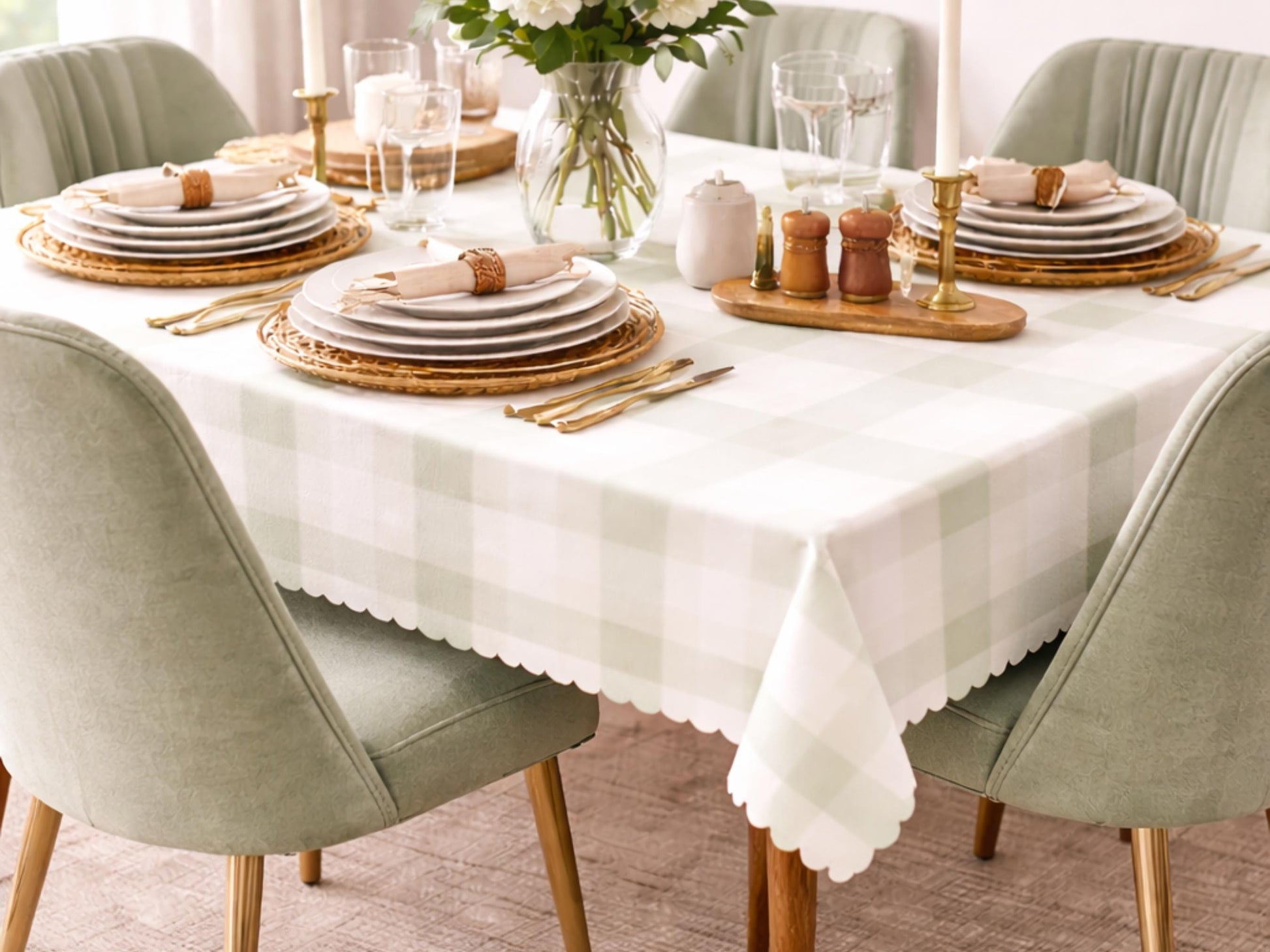 Scalloped Sage Gingham Tablecloth Hand Drawn Uneven Line Green Plaid Farmhouse Tablecloth Cottagecore Dining Table Cover Neutral Home Decor