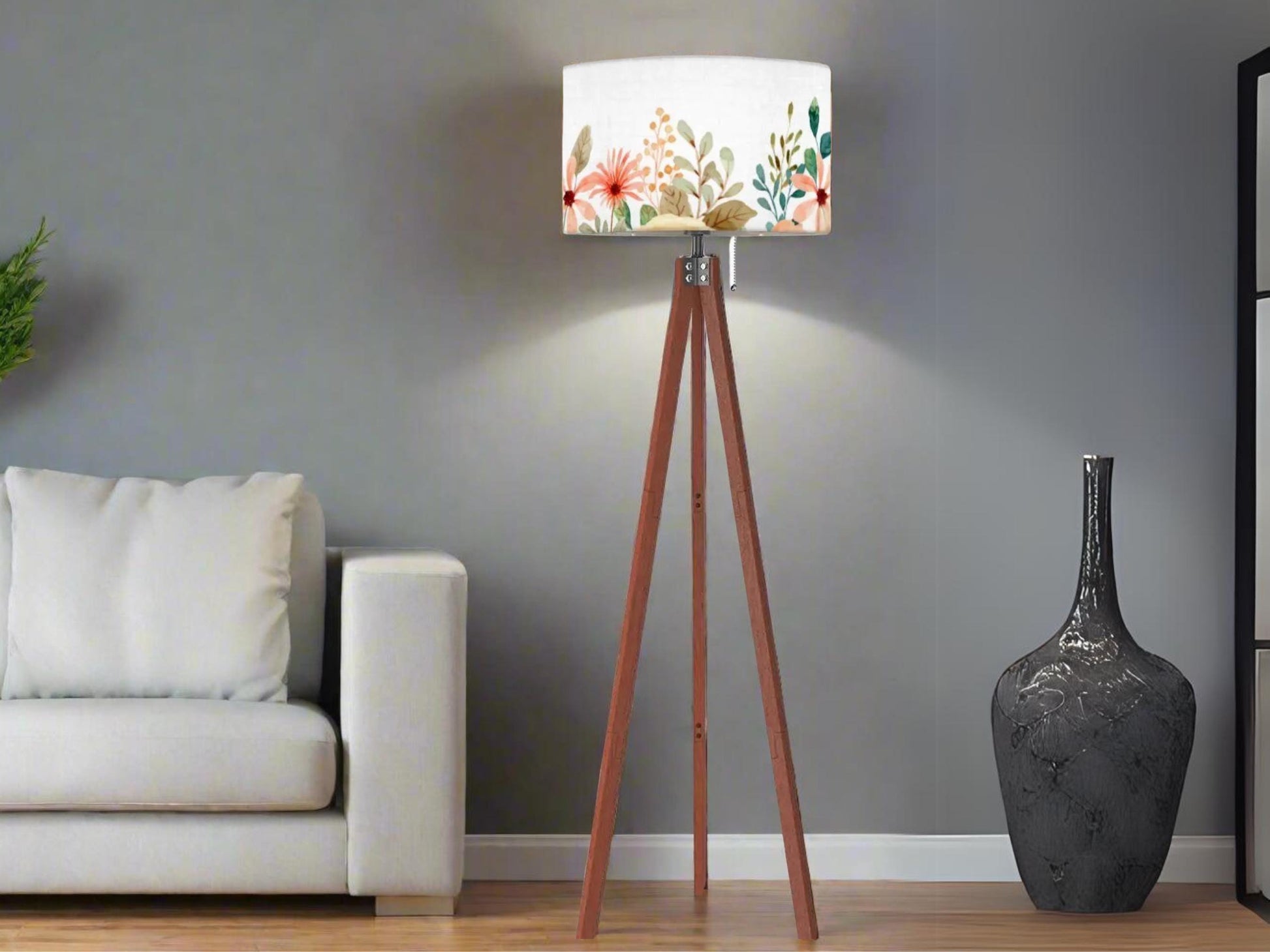 Floor Lamp Floral Tall Lamp Solid Wood Round Linen Shade Watercolor Floral Tall Lamp Housewarming Gift Living Room Lighting Decor Lamp