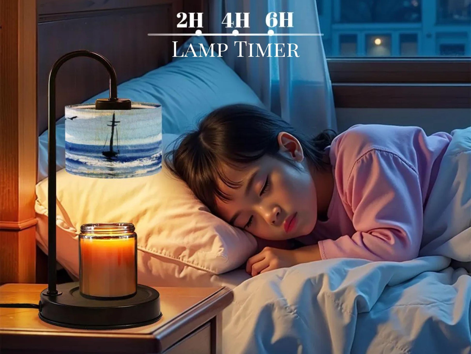 A young girl is sleeping peacefully on a bed, with a lamp timer on the nightstand beside her.