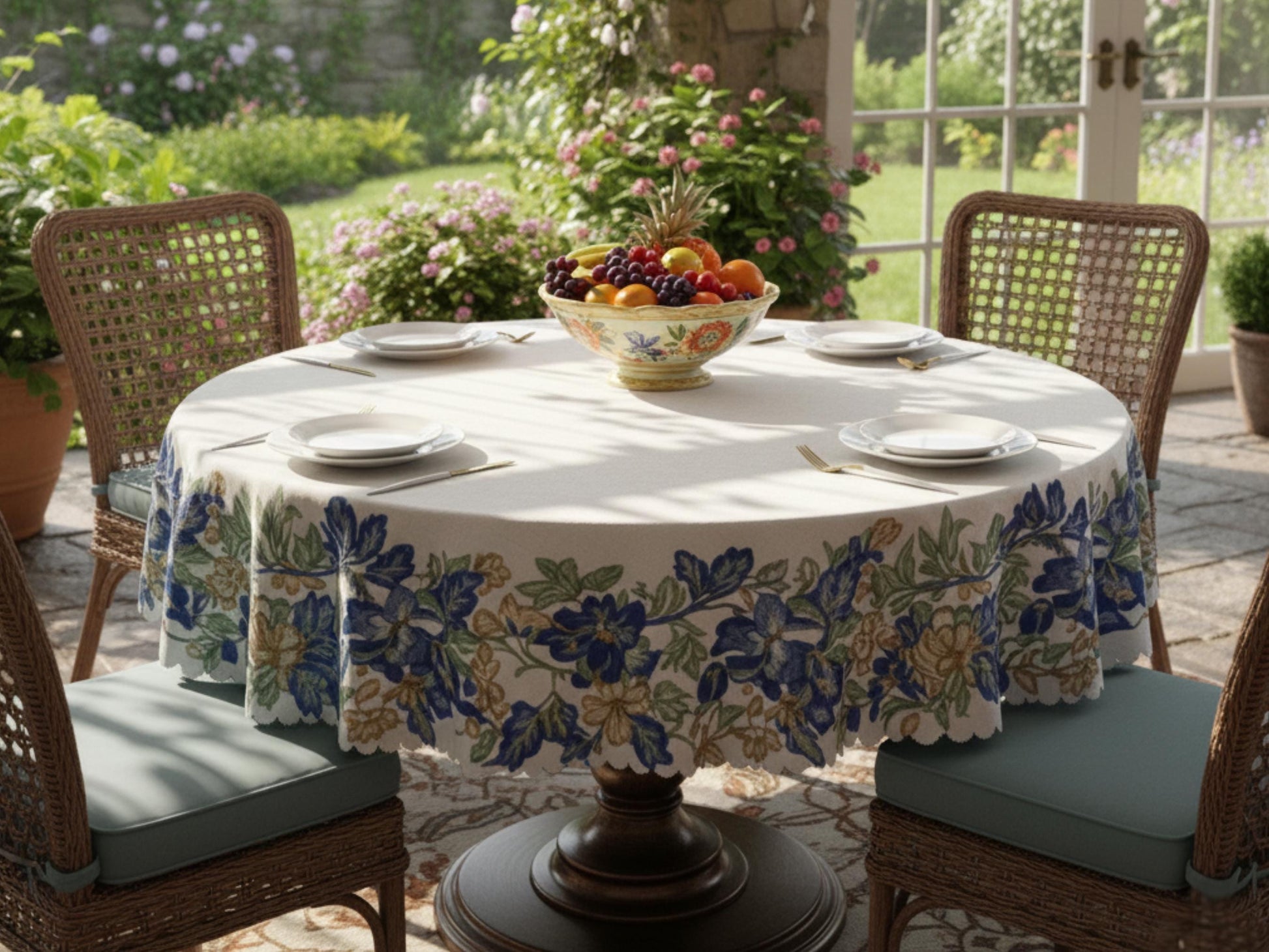 A round table set for four with a floral tablecloth, plates, silverware, and a bowl of fruit, surrounded by wicker chairs and a garden view.