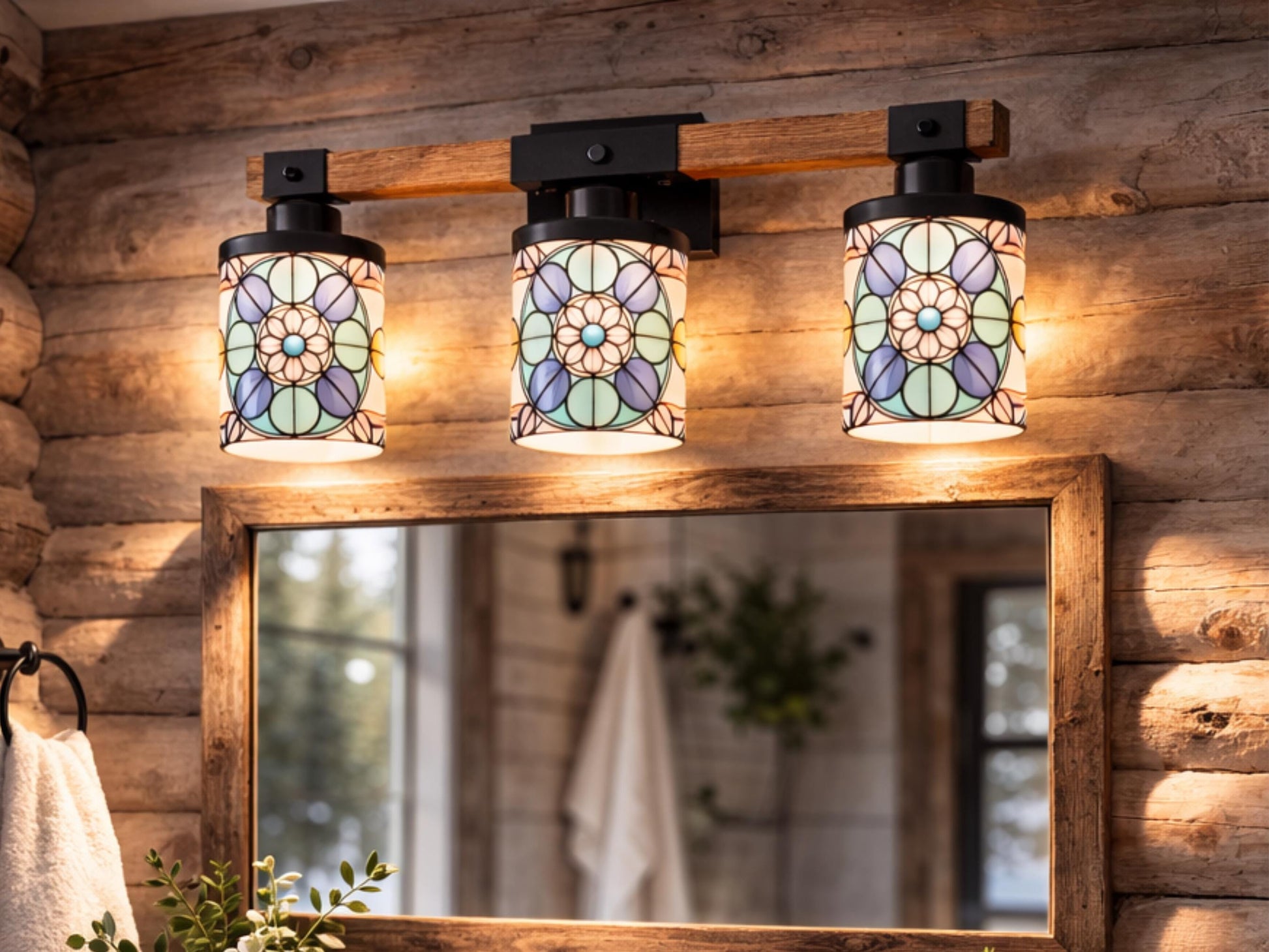 Stained Glass Affect Luxury Bathroom Lighting 3 Light Vanity Light Fixture Modern Pattern Metal and Glass Restroom Light Over Sink Decor